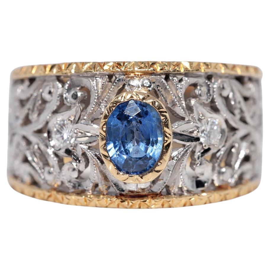 Vintage 18k Gold Handcrafted Natural Diamond And Oval Cut Sapphire Band Ring For Sale