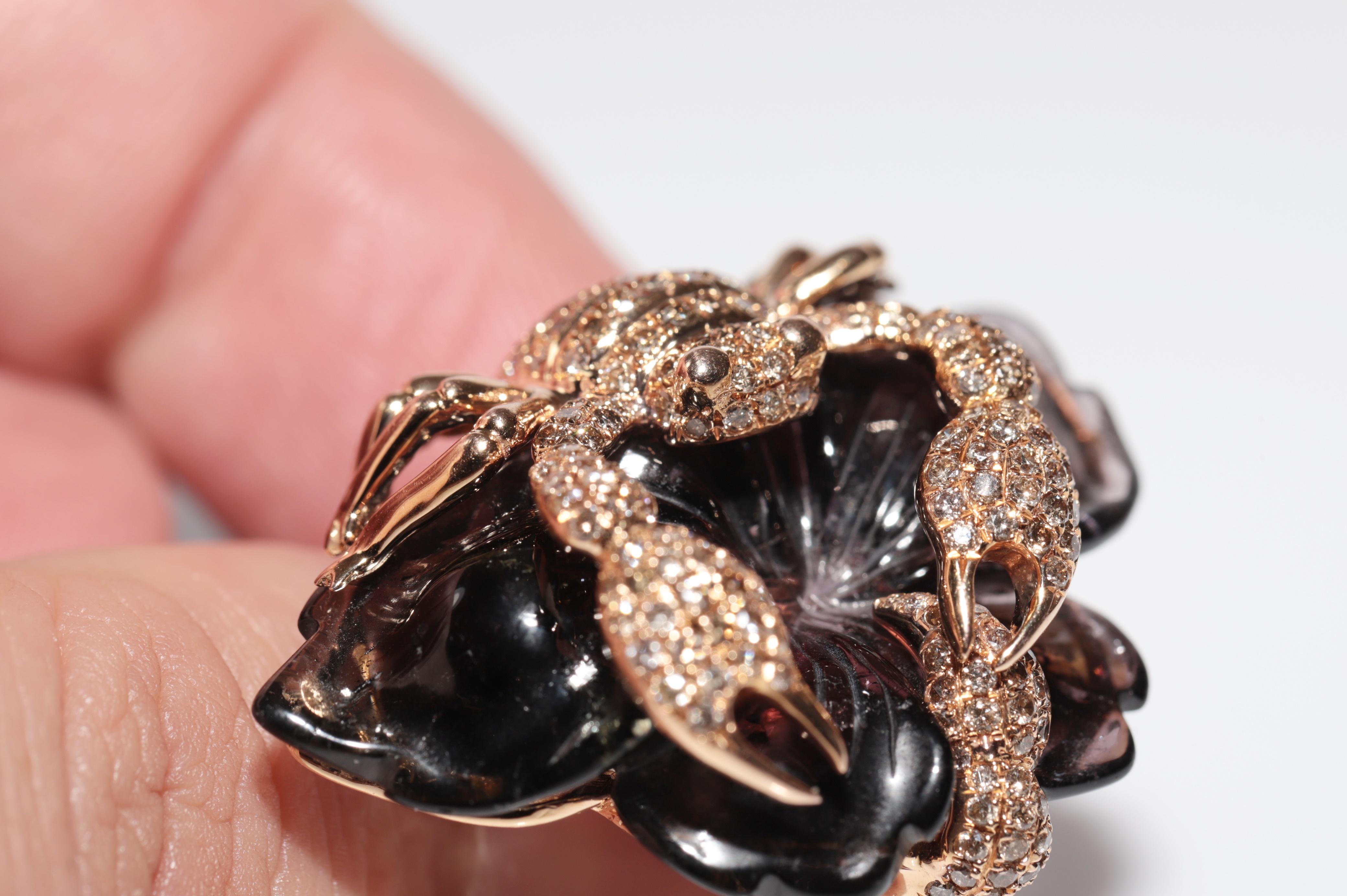 Anello Scorpione d'epoca in oro 18 carati con diamanti naturali e quarzo fumé in vendita 9