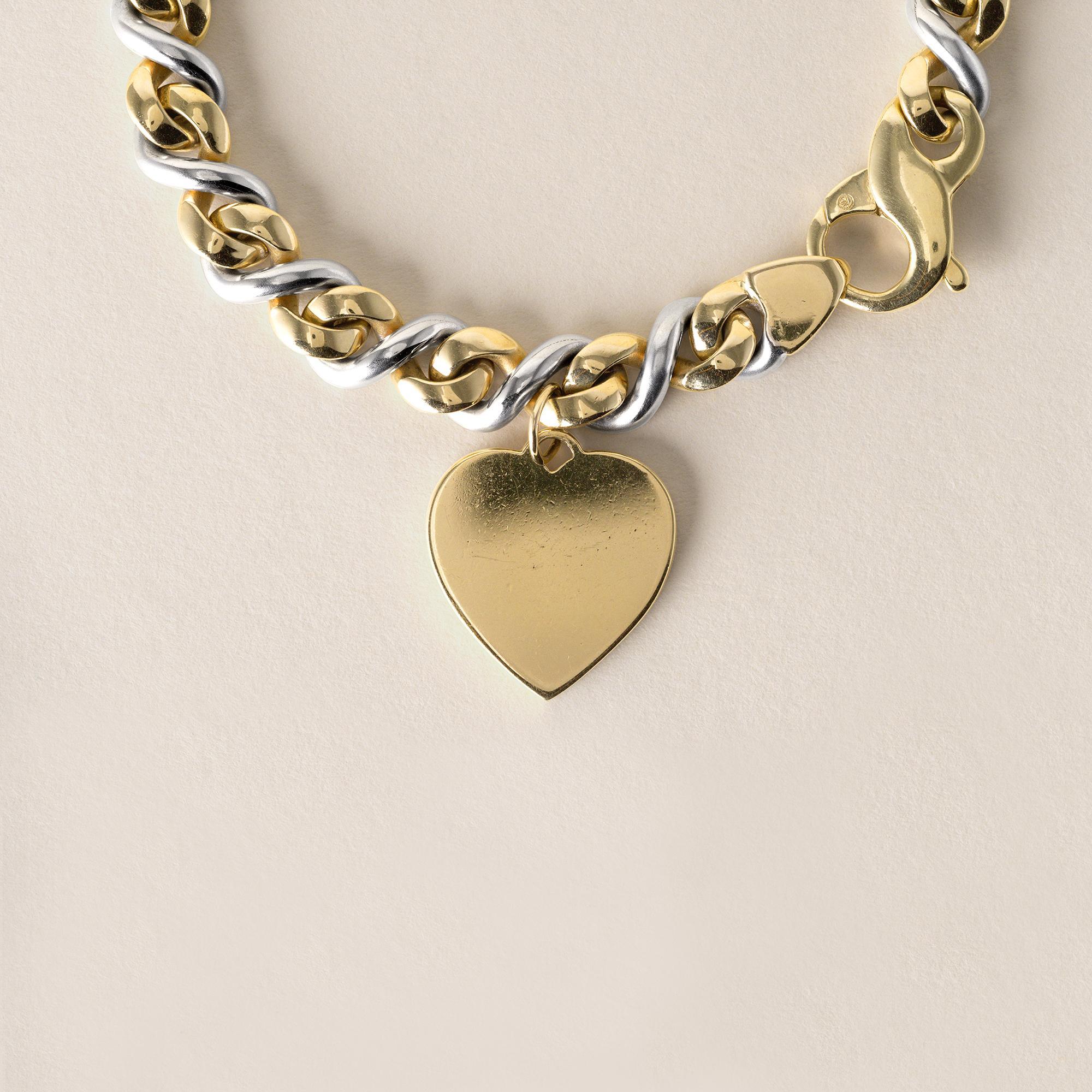 Vintage 18K Gold Heart Tag Chain Link Armband zwei Töne (Moderne) im Angebot