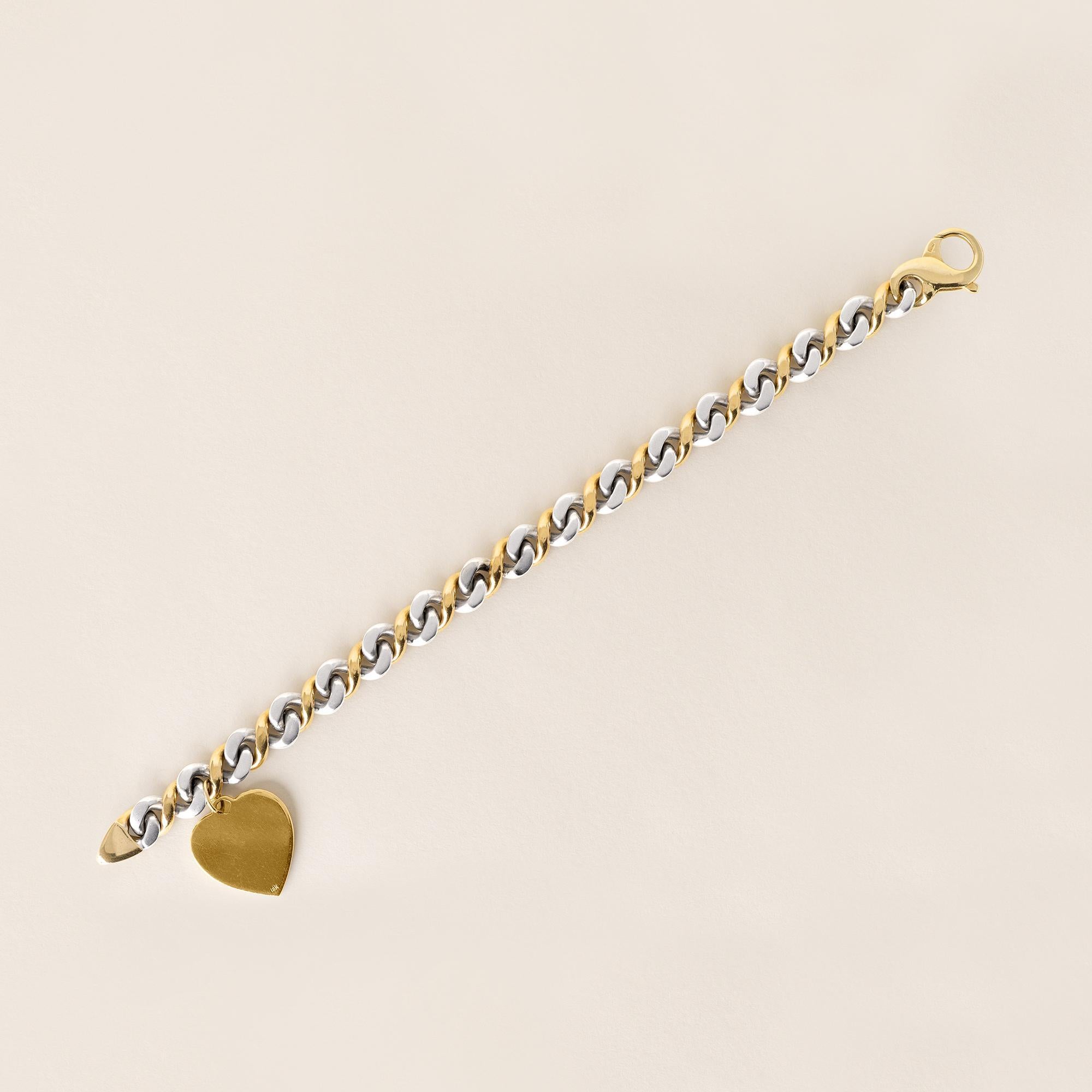Vintage 18K Gold Heart Tag Chain Link Armband zwei Töne im Zustand „Hervorragend“ im Angebot in Los Angeles, CA