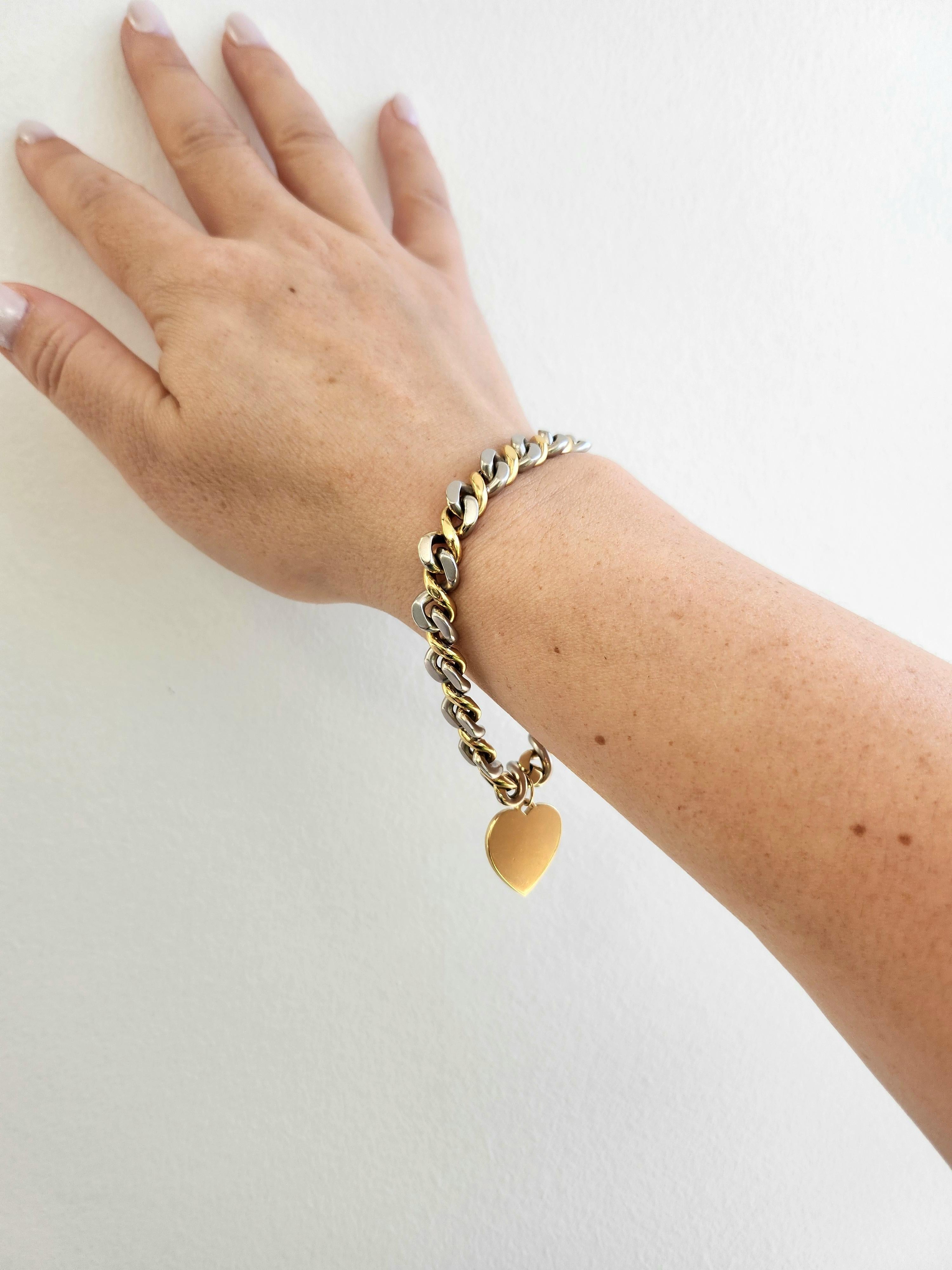 Vintage 18K Gold Heart Tag Chain Link Armband zwei Töne Damen im Angebot