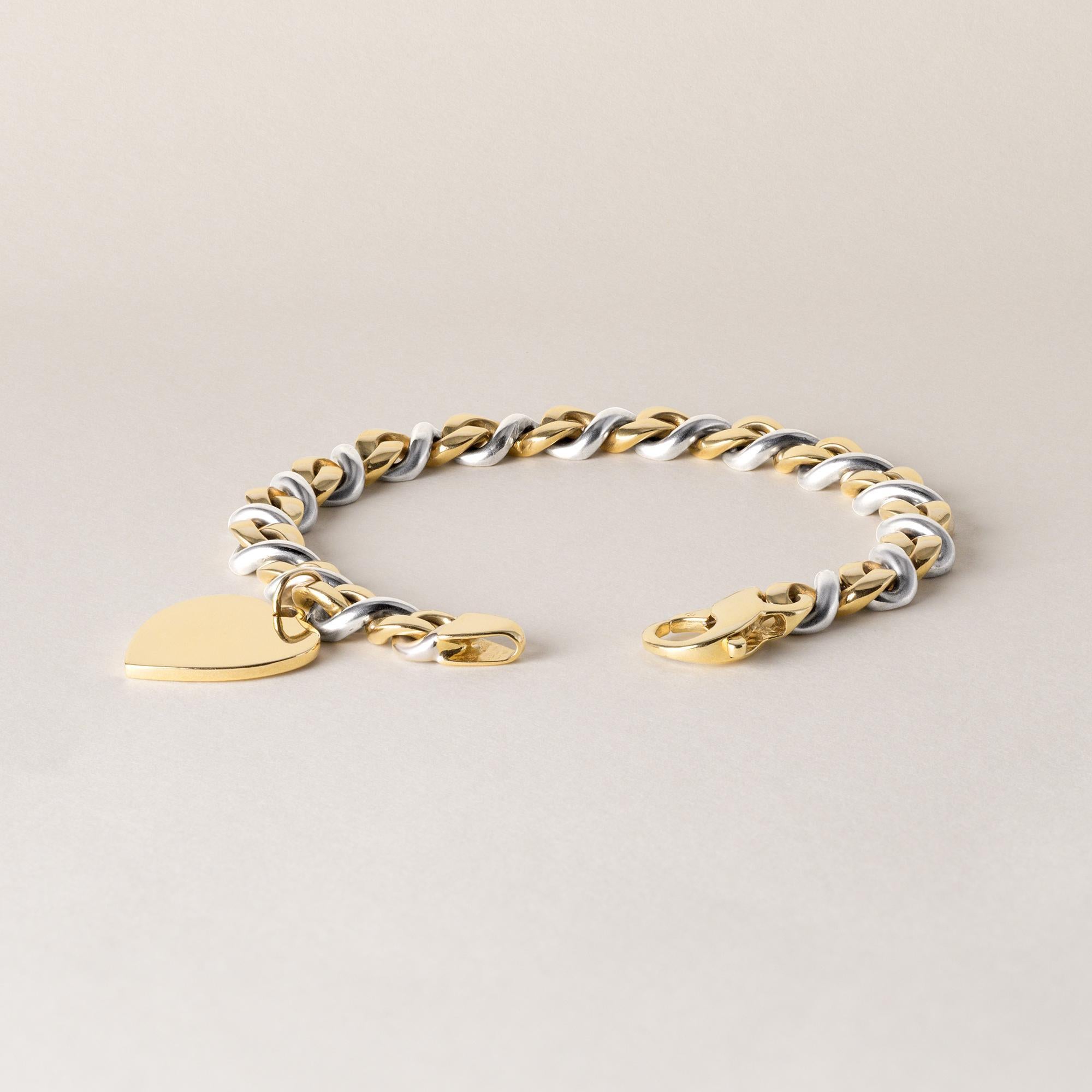 Vintage 18K Gold Heart Tag Chain Link Armband zwei Töne im Angebot 1