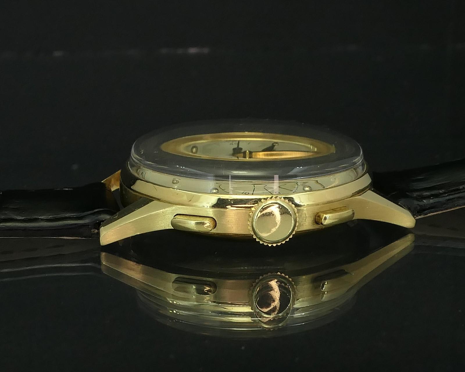 Men's Vintage 18k Gold Heuer Big Eyes Chronograph 418 Valjoux 23 Mens Watch i15263 For Sale