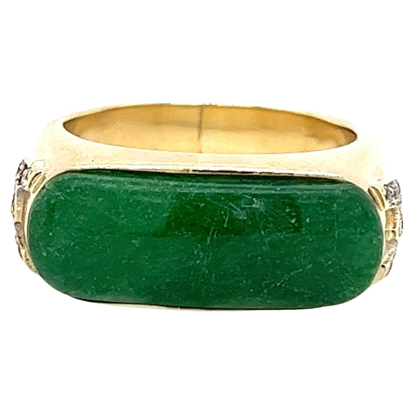 Vintage 18k Gold Horizontal Bezel Set Jadeite Jade & Diamond "W" Motif Ring For Sale
