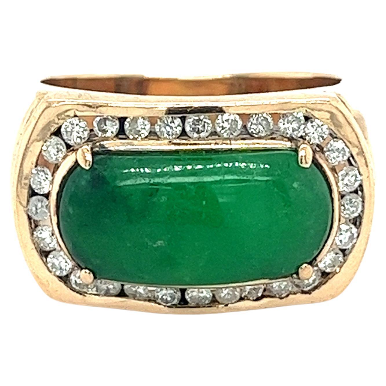 Vintage 18k Gold Horizontally Set Wide Jadeite Jade and Channel Set Diamond Halo For Sale