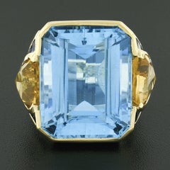 Vintage 18k Gold Huge Emerald Cut Blue Topaz w/ Citrine & Sapphire Cocktail Ring
