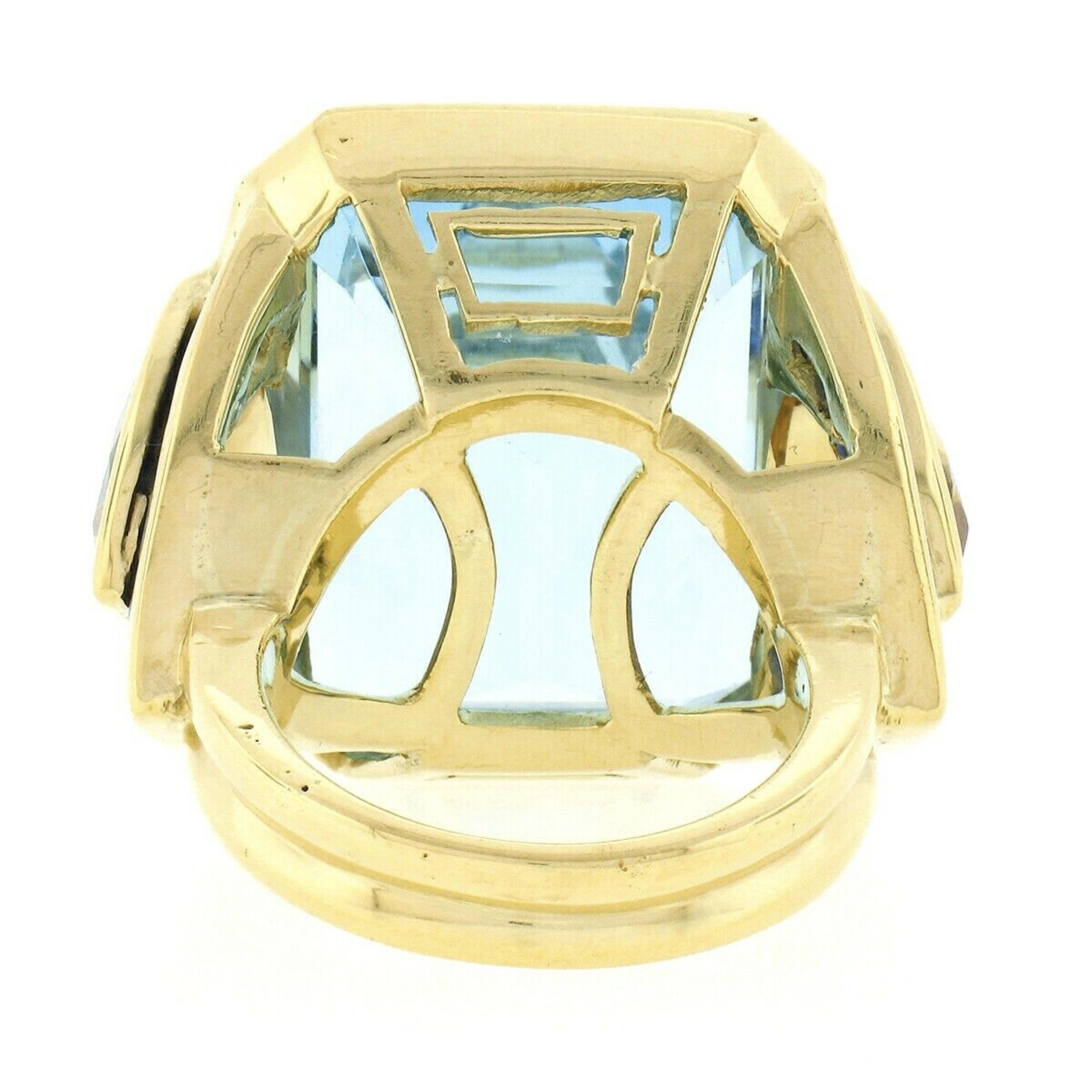 Women's or Men's Vintage 18k Gold Huge Emerald Cut Blue Topaz w/ Citrine & Sapphire Cocktail Ring For Sale