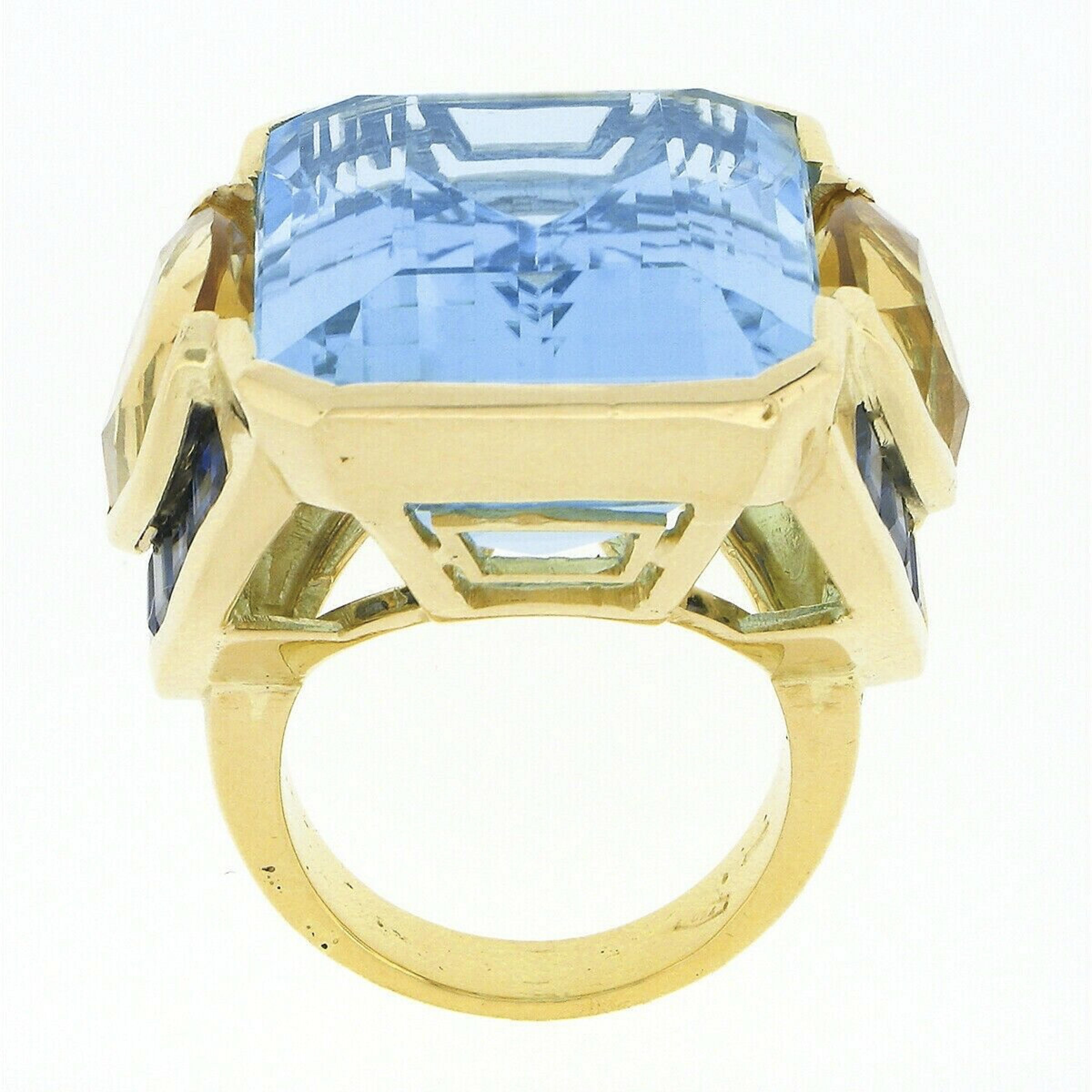 Vintage 18k Gold Huge Emerald Cut Blue Topaz w/ Citrine & Sapphire Cocktail Ring For Sale 1