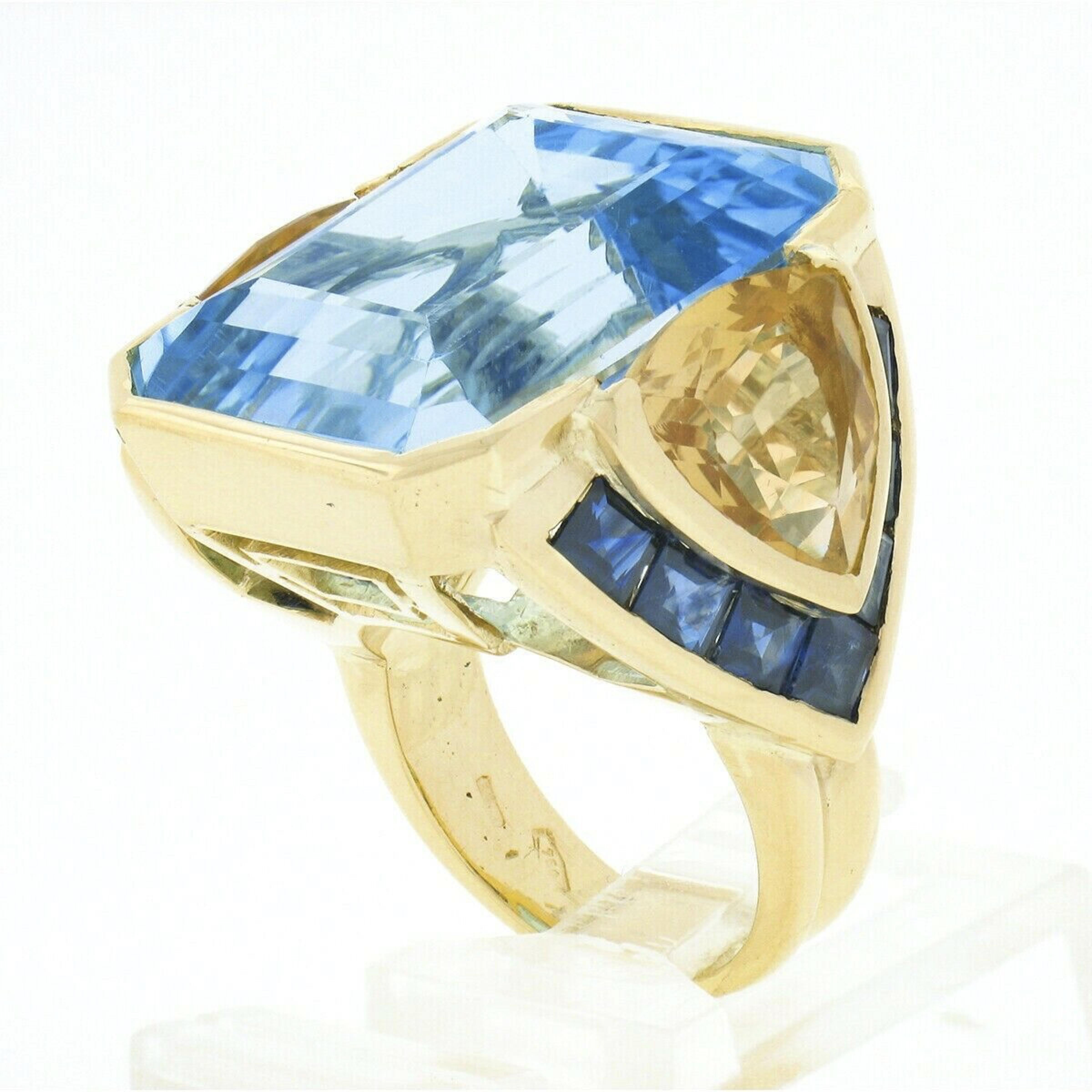 Vintage 18k Gold Huge Emerald Cut Blue Topaz w/ Citrine & Sapphire Cocktail Ring For Sale 2
