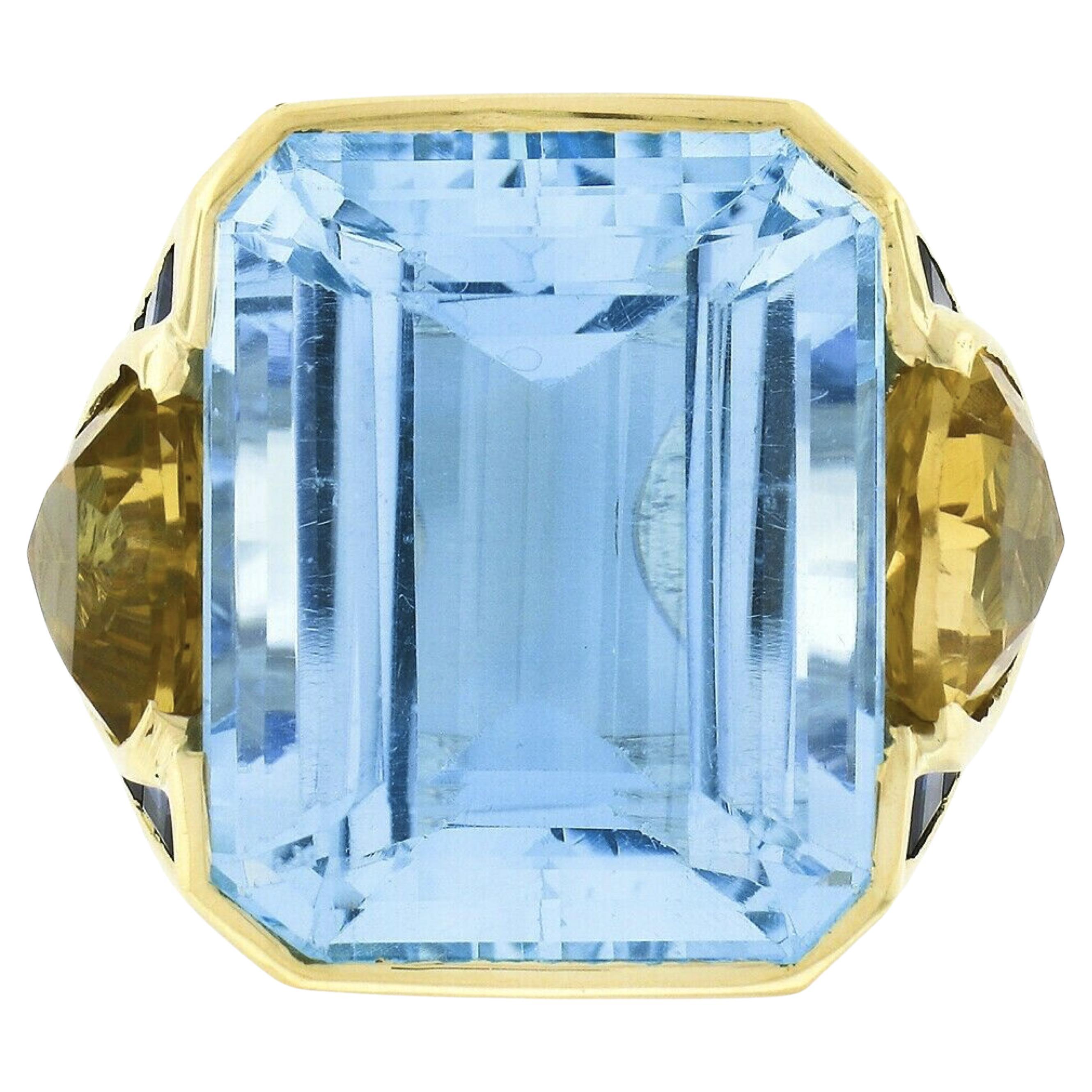Vintage 18k Gold Huge Emerald Cut Blue Topaz w/ Citrine & Sapphire Cocktail Ring