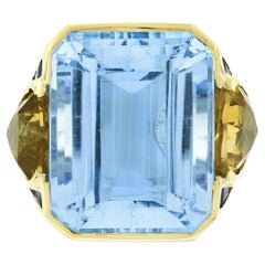 Retro 18k Gold Huge Emerald Cut Blue Topaz w/ Citrine & Sapphire Cocktail Ring