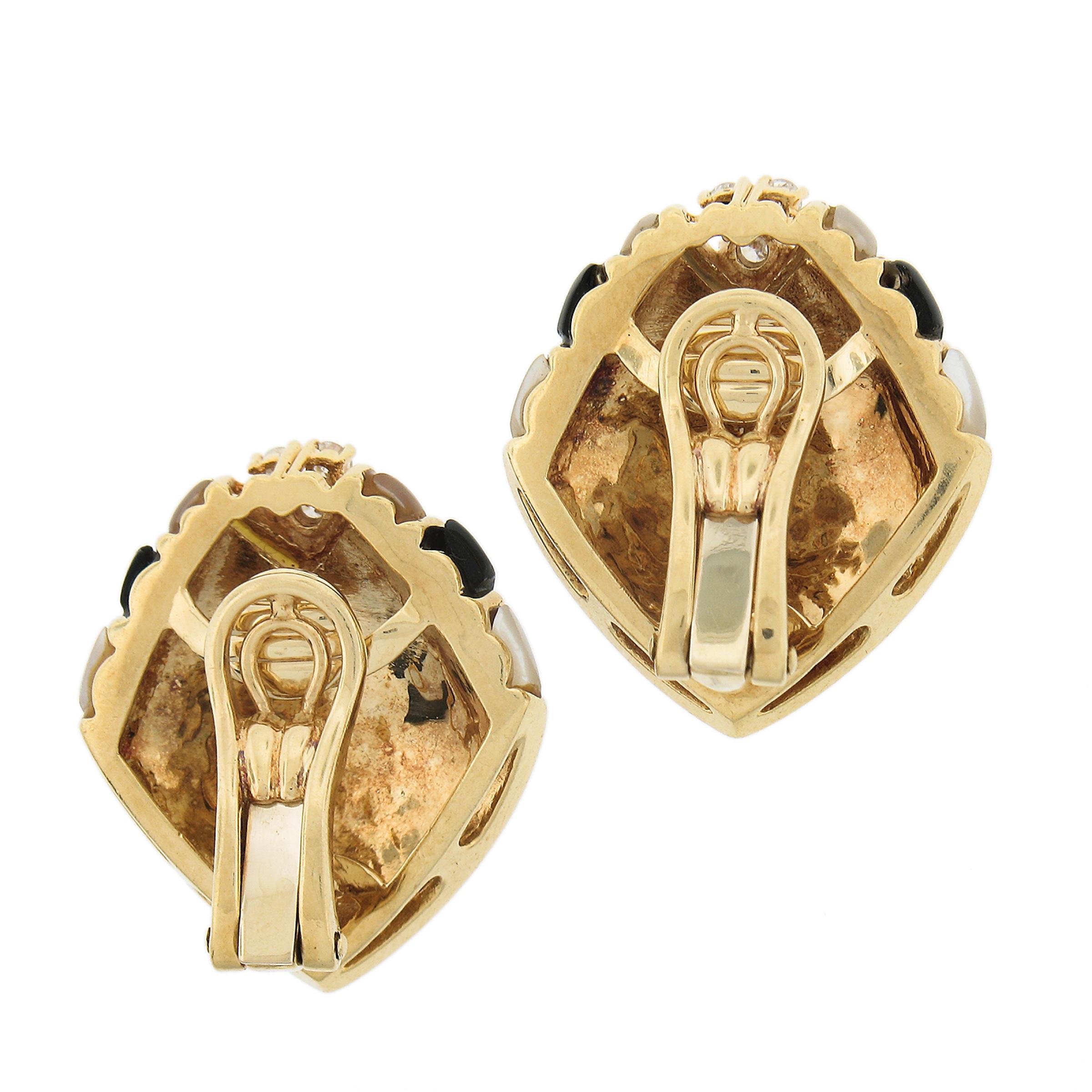 Round Cut Vintage 18k Gold Inlaid Black Onyx Mother of Pearl & Diamond Clip On Earrings For Sale