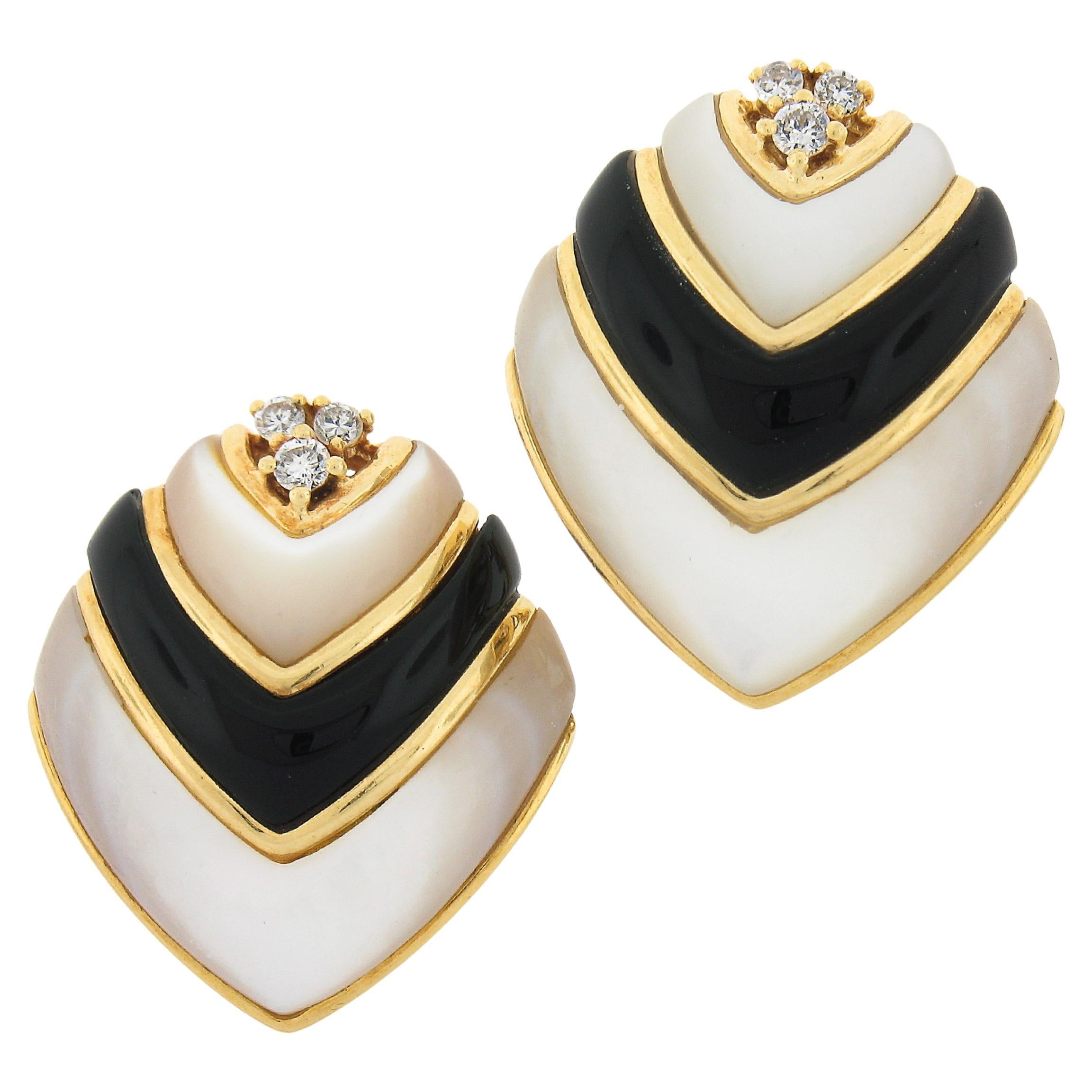 Vintage 18k Gold Inlaid Black Onyx Mother of Pearl & Diamond Clip On Earrings For Sale
