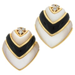 Vintage 18k Gold Inlaid Black Onyx Mother of Pearl & Diamond Clip On Earrings