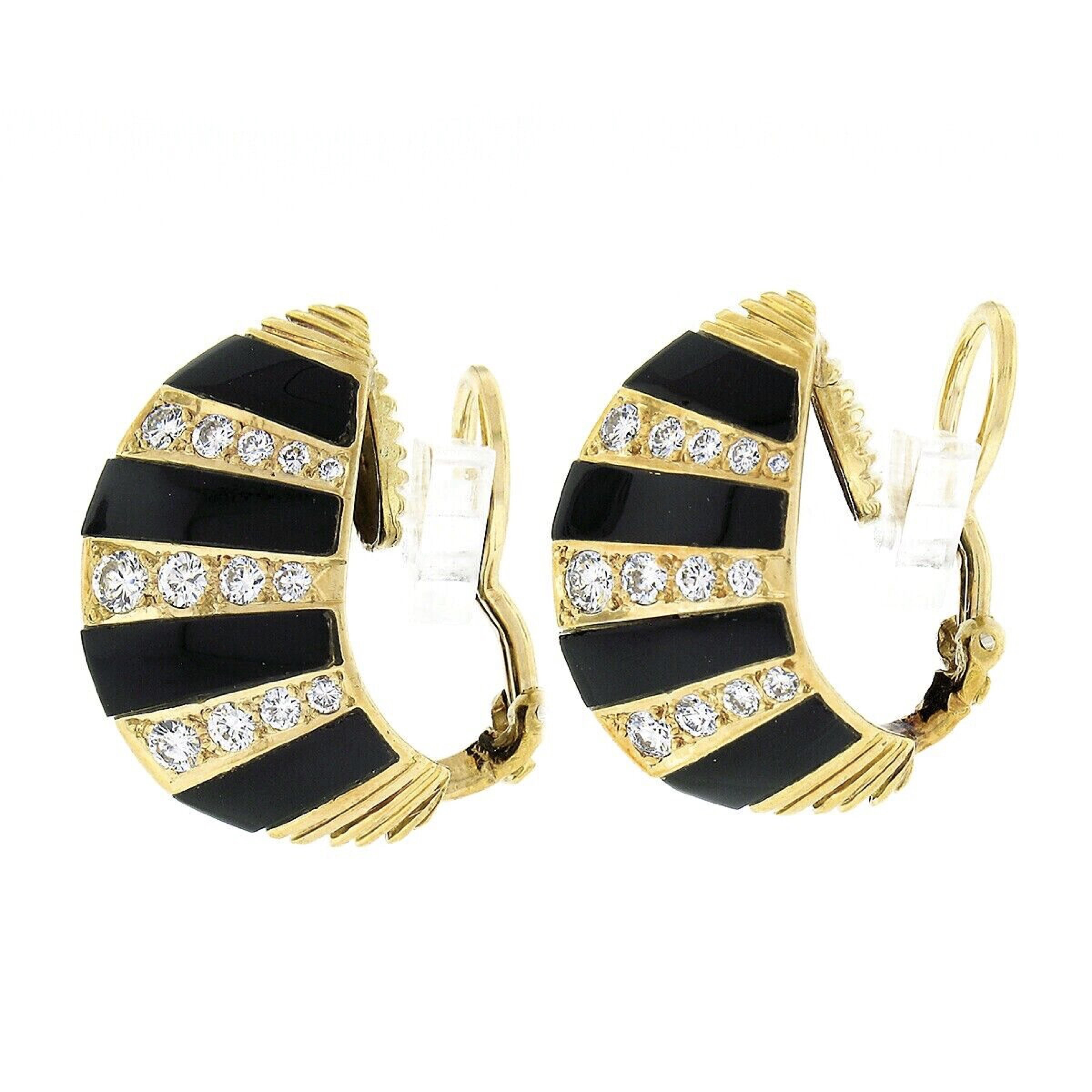 Round Cut Vintage 18k Gold Inlaid Black Onyx & Pave Diamond Striped Domed Button Earrings For Sale