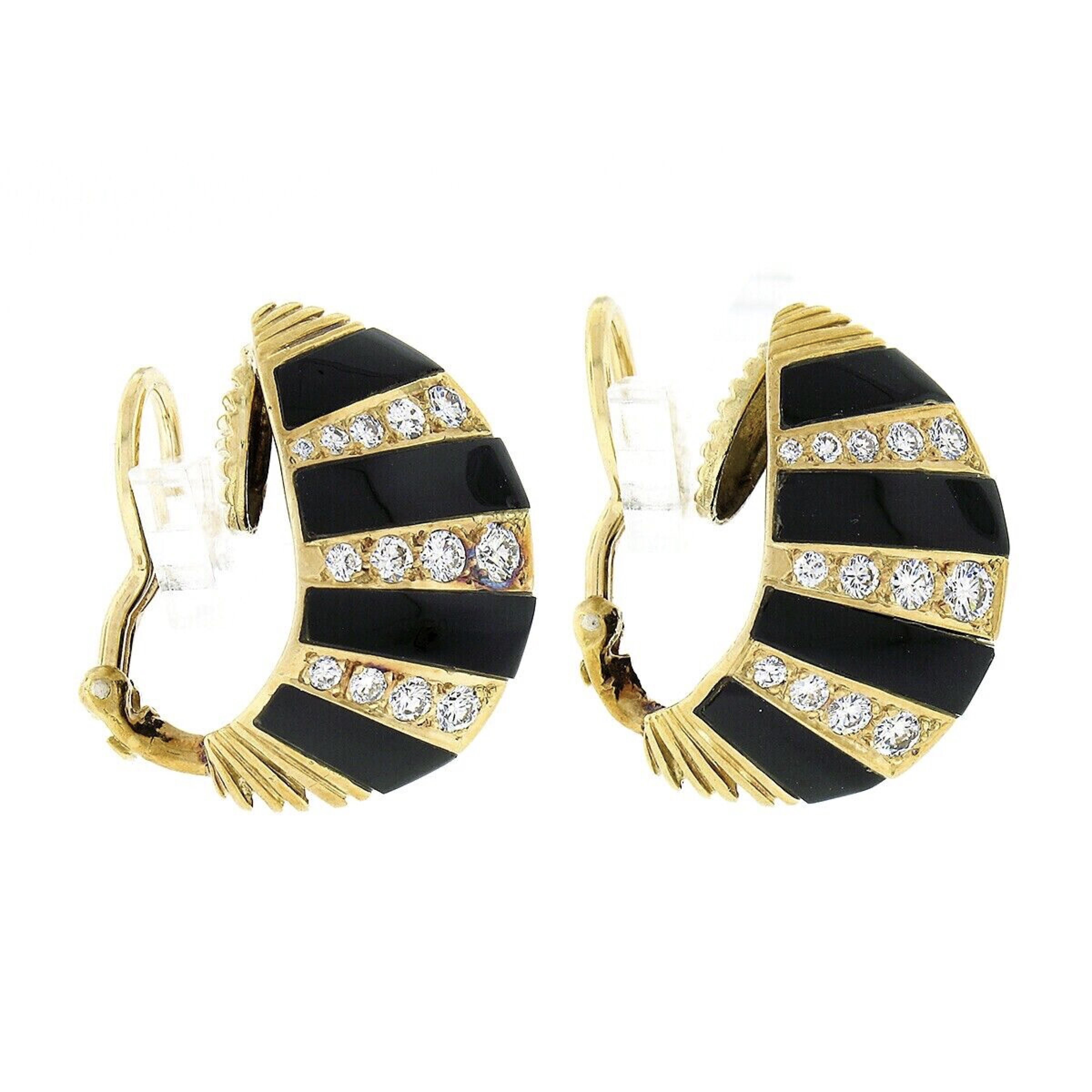 Vintage 18k Gold Inlaid Black Onyx & Pave Diamond Striped Domed Button Earrings In Good Condition For Sale In Montclair, NJ