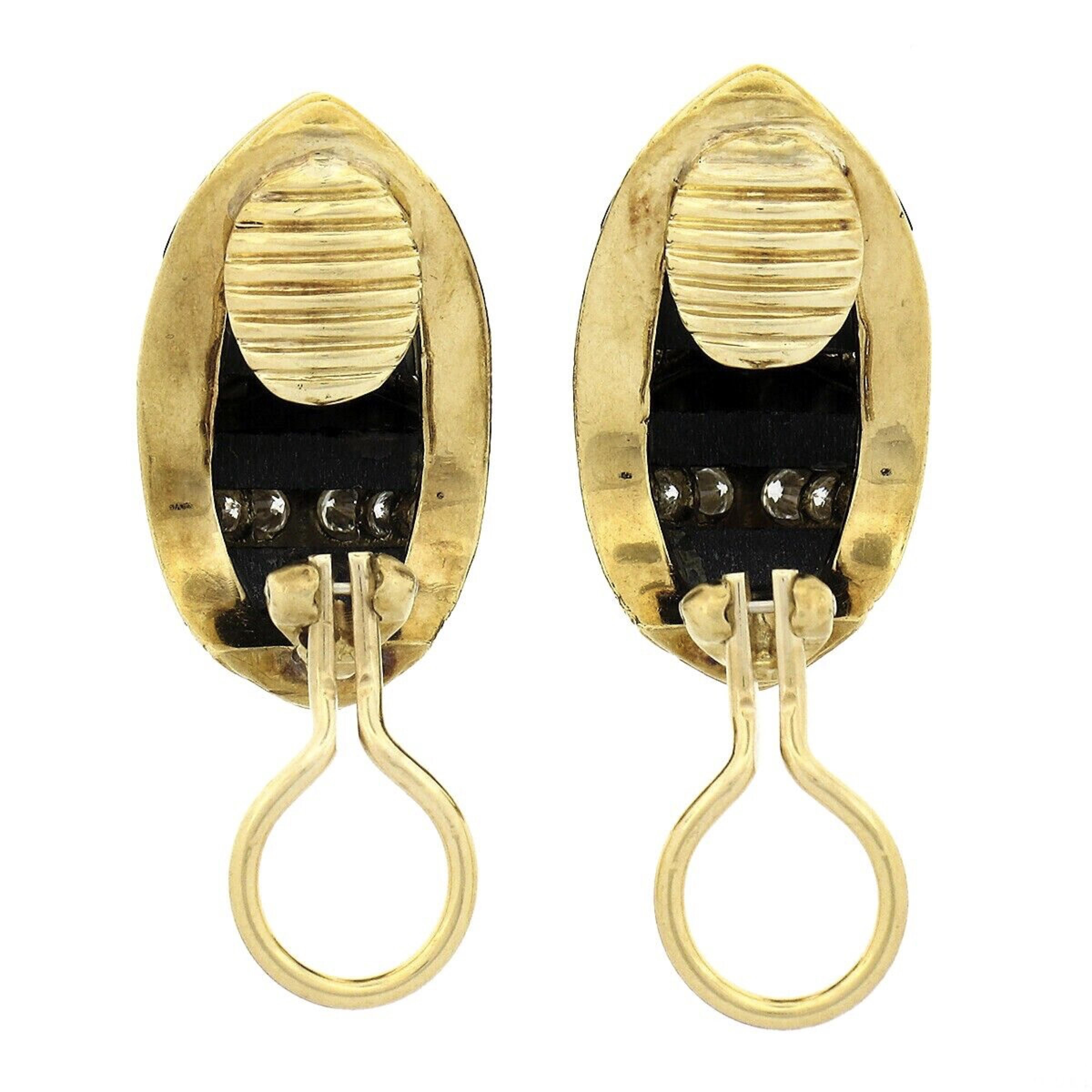 Vintage 18k Gold Inlaid Black Onyx & Pave Diamond Striped Domed Button Earrings For Sale 1