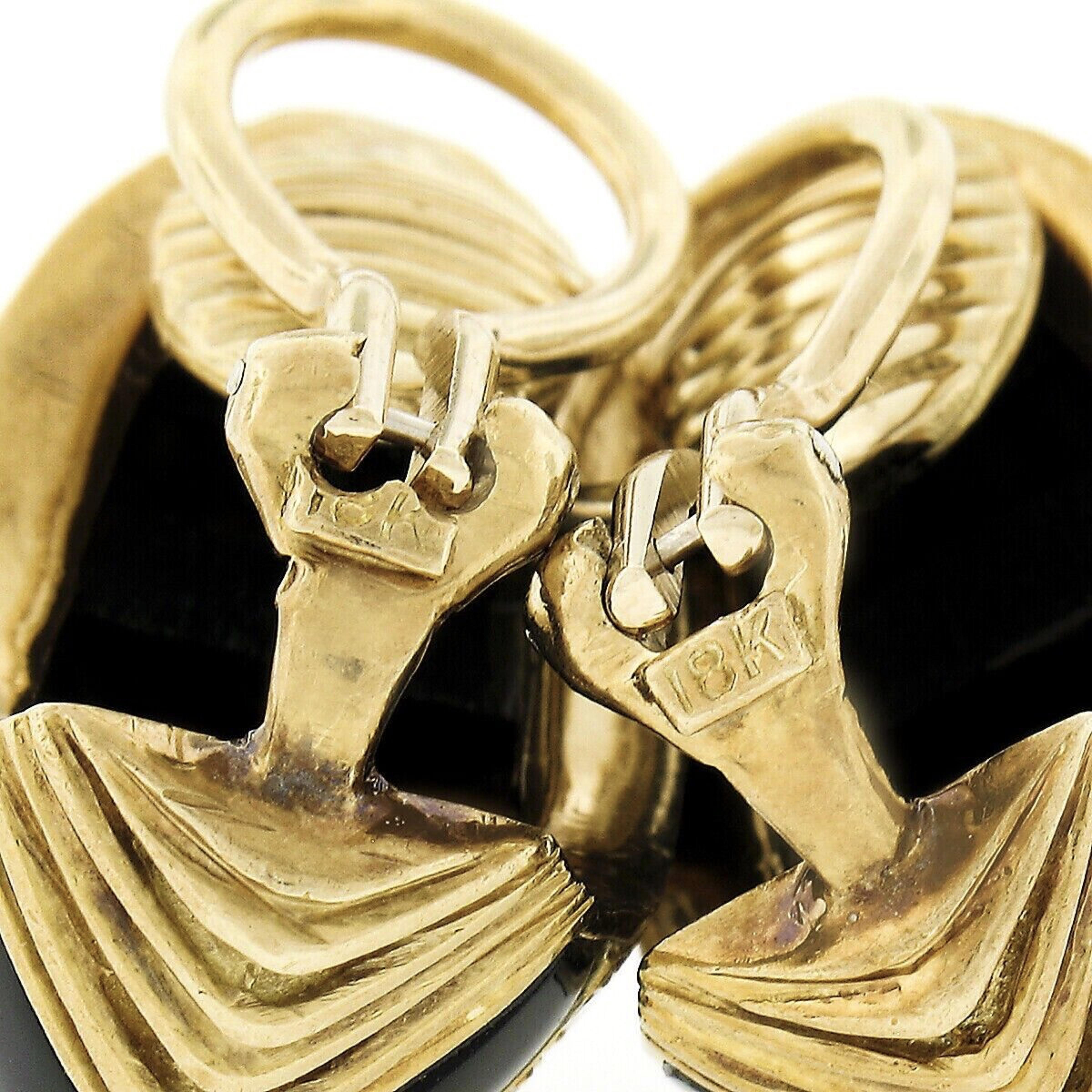 18 Karat Gold Intarsien Schwarzer Onyx & Pave Diamant gestreifte gewölbte Knopfleiste Ohrringe, Vintage im Angebot 2