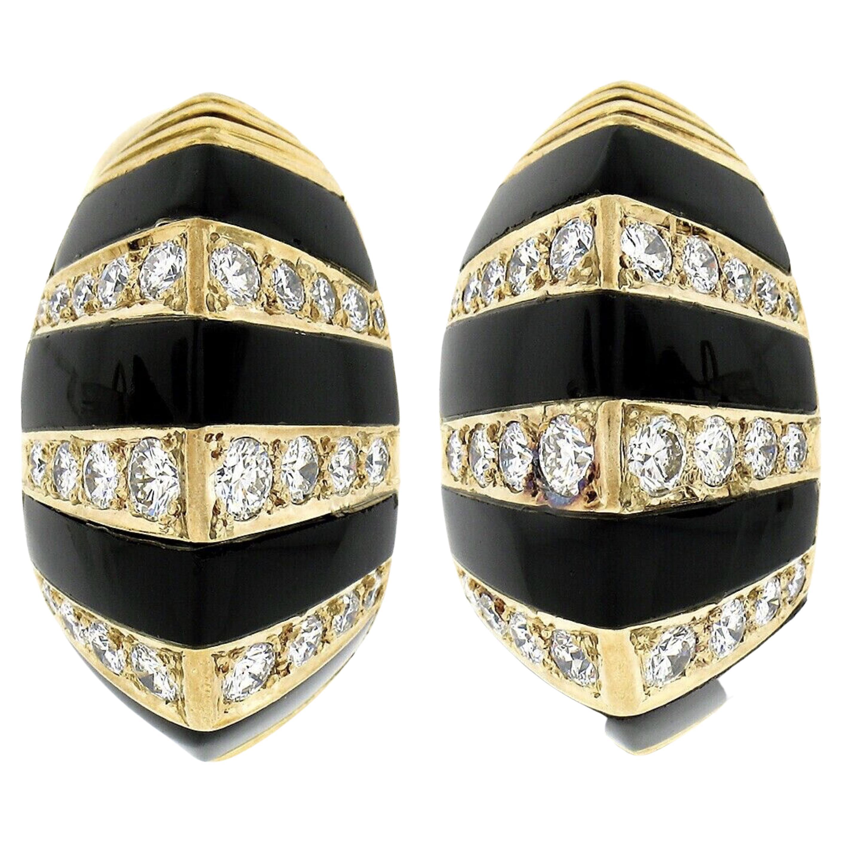 Vintage 18k Gold Inlaid Black Onyx & Pave Diamond Striped Domed Button Earrings For Sale