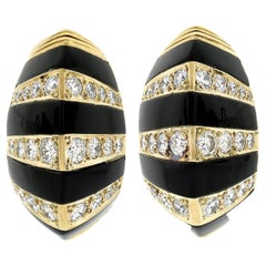 Vintage 18k Gold Inlaid Black Onyx & Pave Diamond Striped Domed Button Earrings