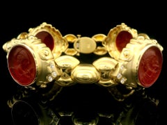 Vintage 18k Gold Intaglio Carnelian & Diamond Dual Finish Open Link Bracelet