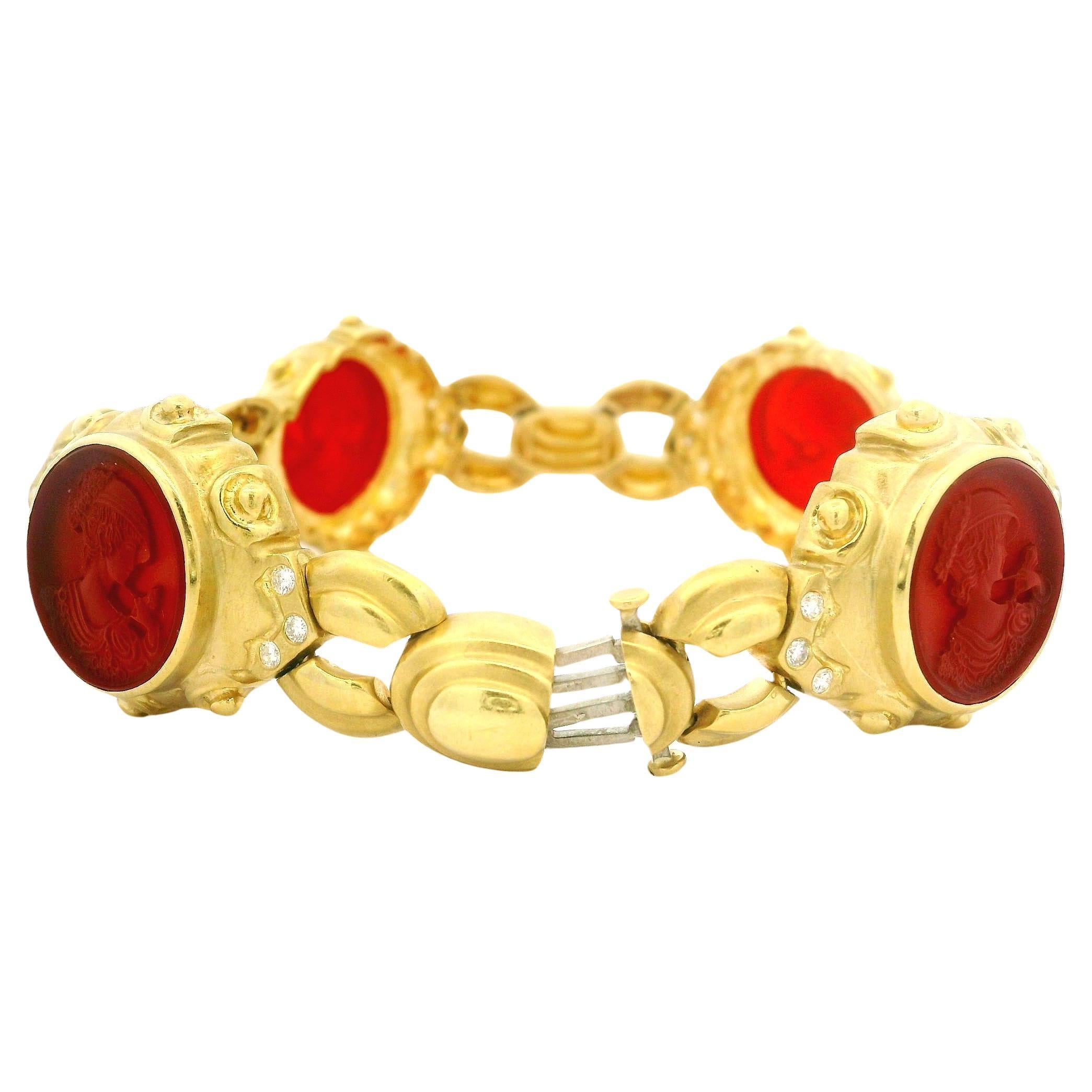 Vintage 18k Gold Intaglio Karneol & Diamant Dual Finish offenes Link-Armband