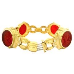 Vintage 18k Gold Intaglio Carnelian & Diamond Dual Finish Open Link Bracelet
