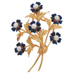 Vintage 18K Gold Italian Floral Brooch with Enamel and Pearls