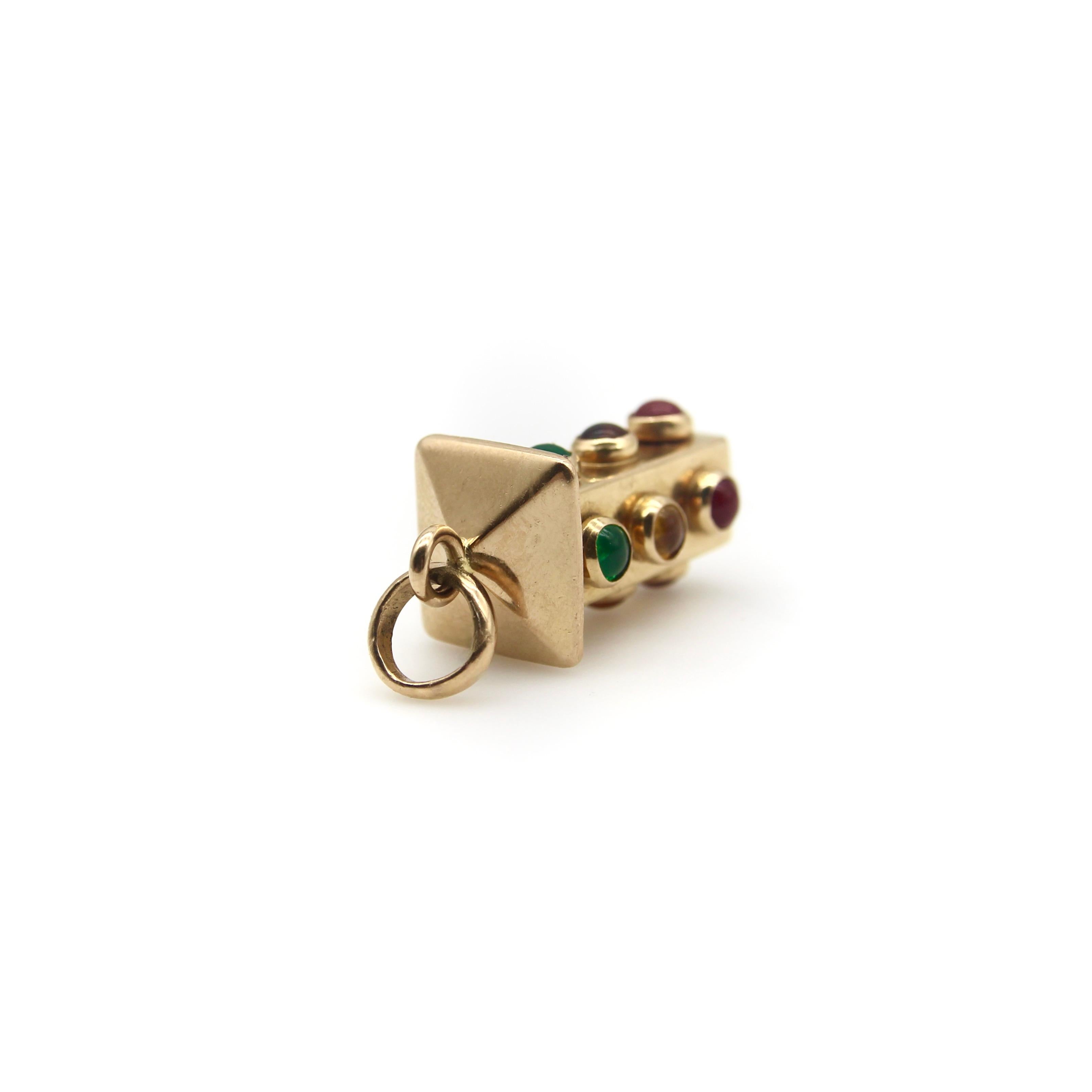 Modern Vintage 18K Gold Italian Stoplight Charm with Glass Cabochons  For Sale