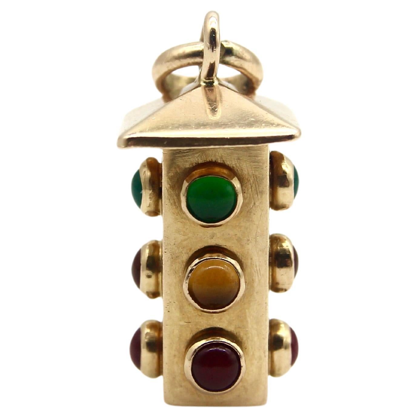Vintage 18K Gold Italian Stoplight Charm with Glass Cabochons 