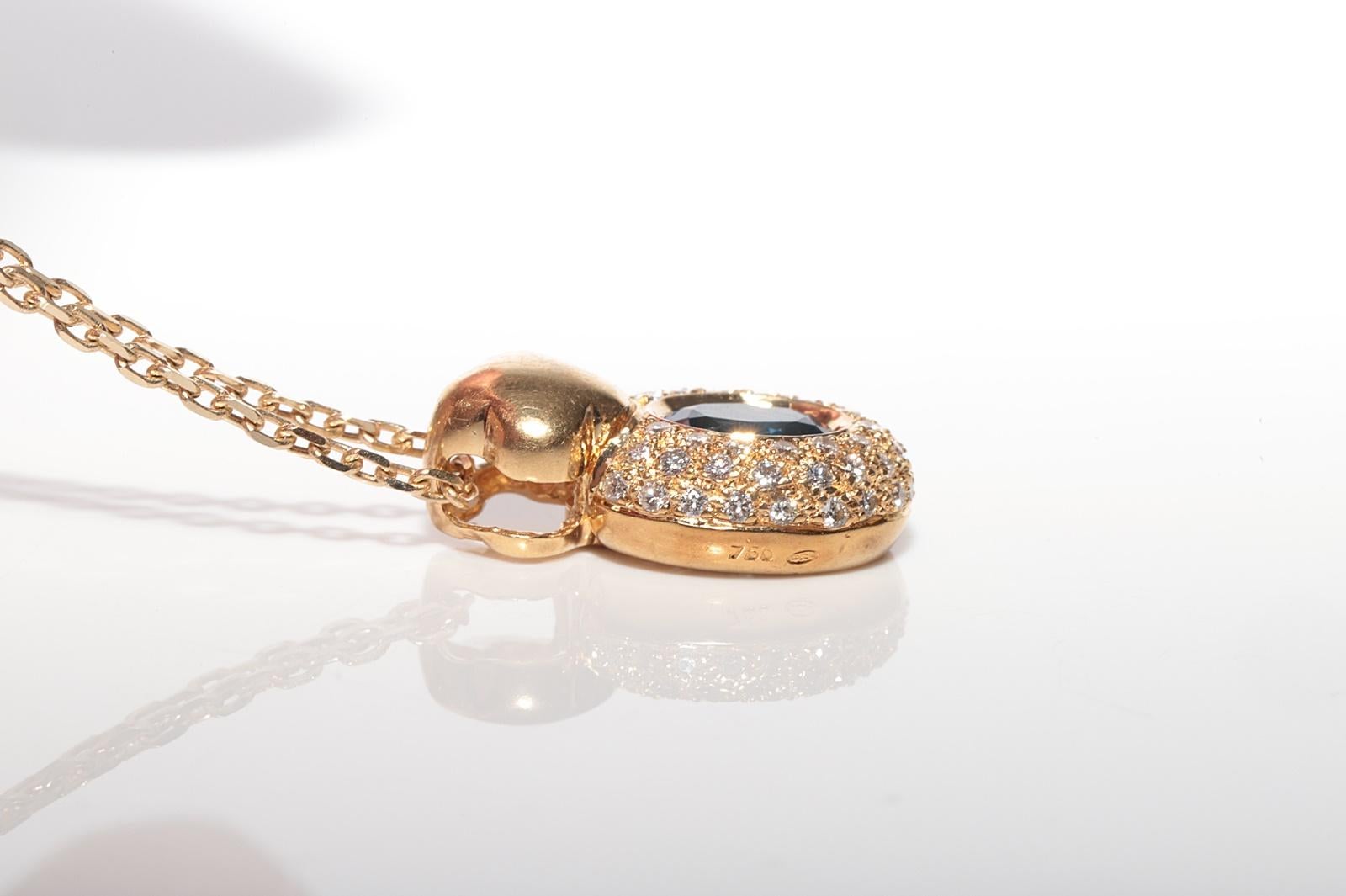 Vintage 18k Gold Italy Made Natural Diamond And Sapphire Pendant Necklace For Sale 3