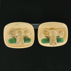 Vintage 18K Gold Jade Diamond 3D Textured Elephant Large Cushion Omega Earrings
