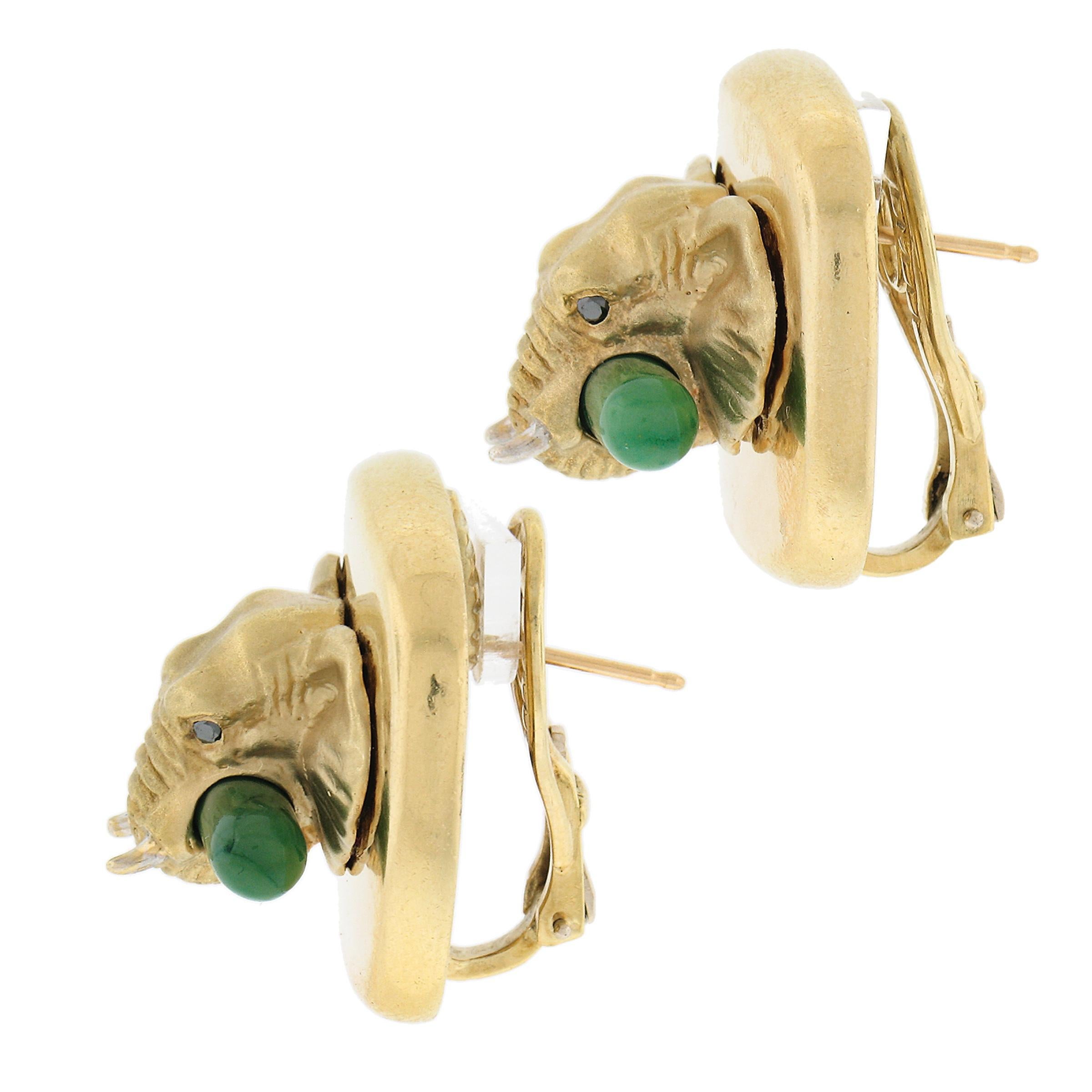 Round Cut Vintage 18K Gold Jade Diamond 3D Textured Elephant Large Cushion Omega Earrings For Sale