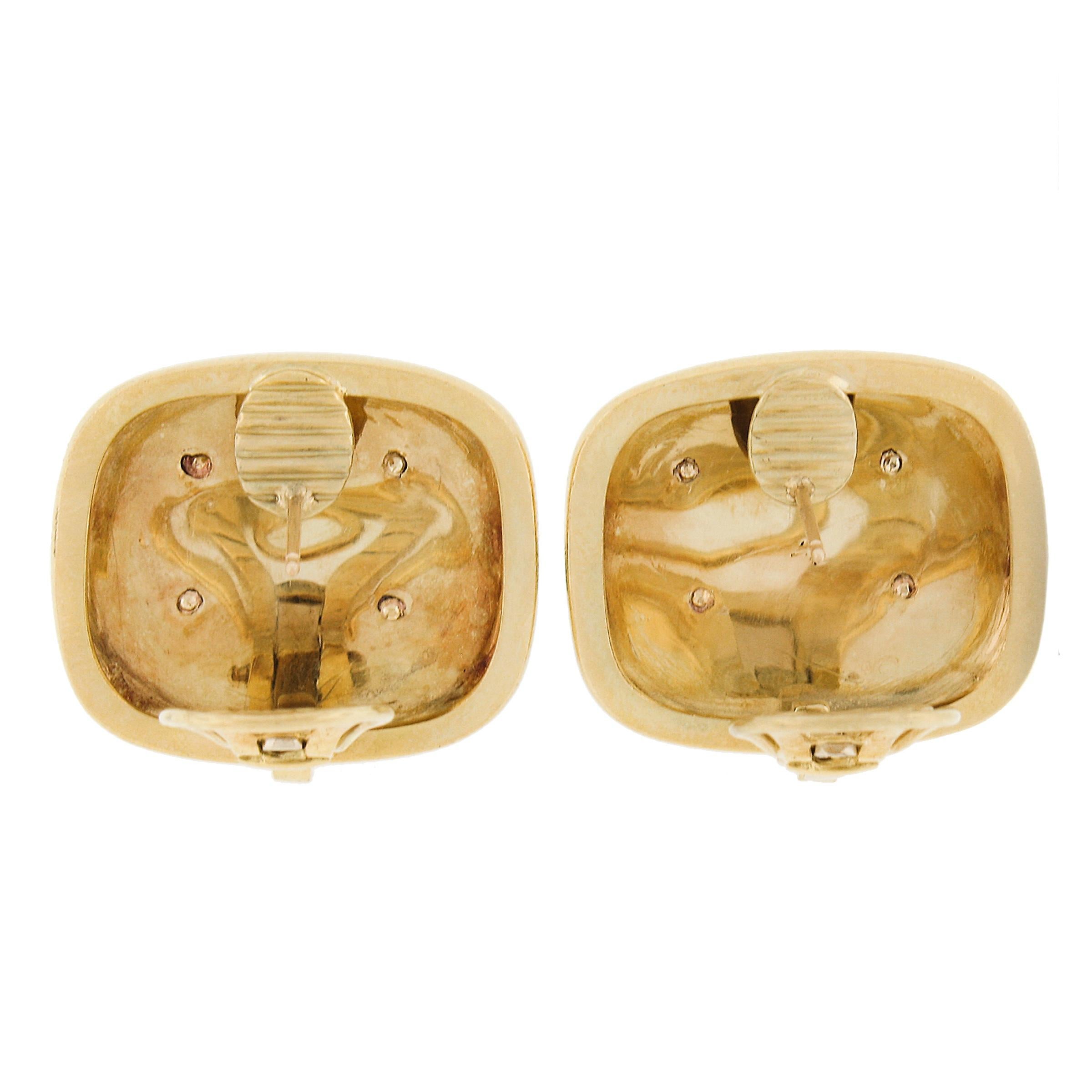 Vintage 18K Gold Jade Diamond 3D Textured Elephant Large Cushion Omega Earrings For Sale 1