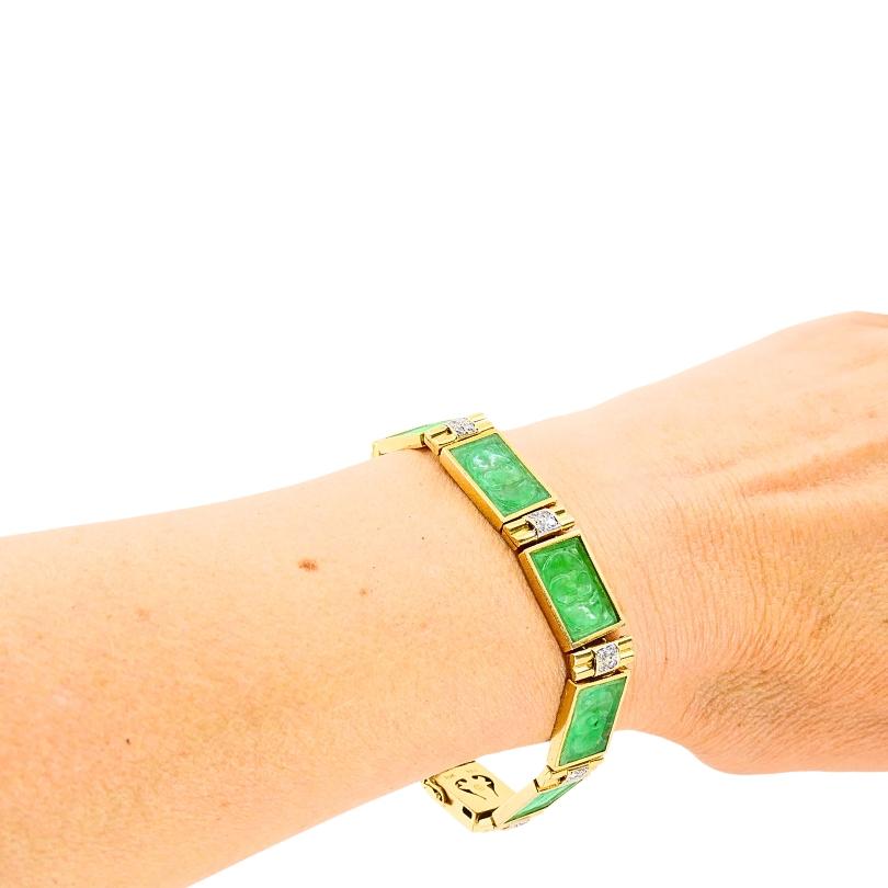 Mixed Cut Vintage 18k Gold Jade Diamond Bracelet For Sale