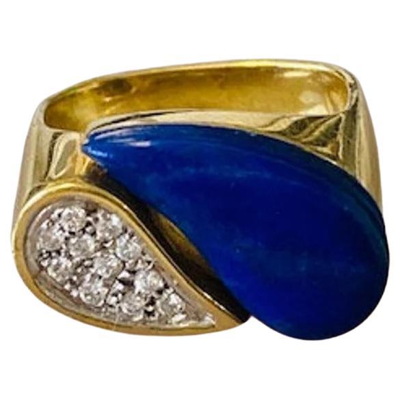 Vintage 18k Gold Lapis Lazuli and Diamond Teardrop Ring, One-of-a-kind