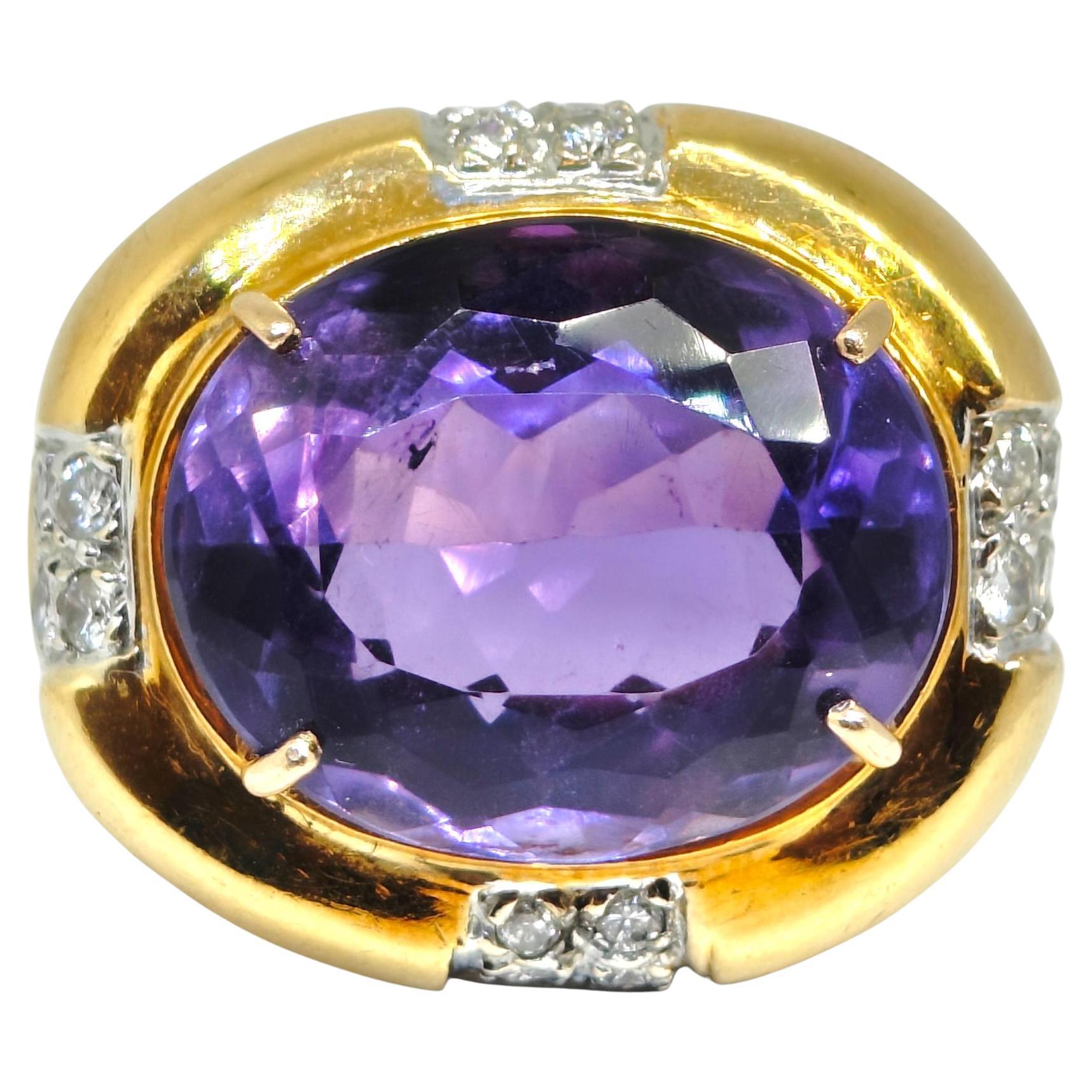 Vintage 18K Gold Large Amethyst 
Diamond Ring For Sale