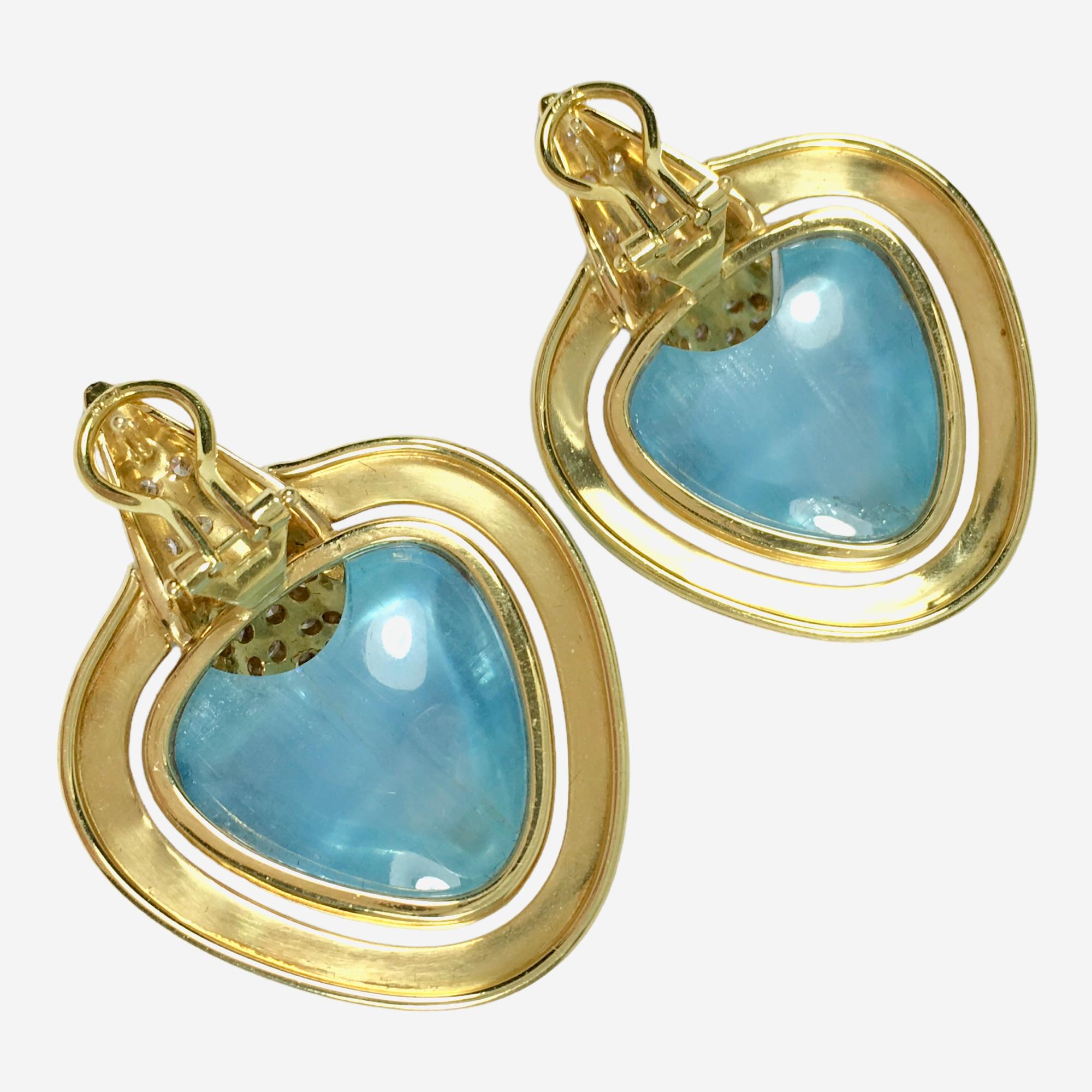 Cabochon Vintage 18K Gold Large Aquamarine and Diamond Earrings For Sale