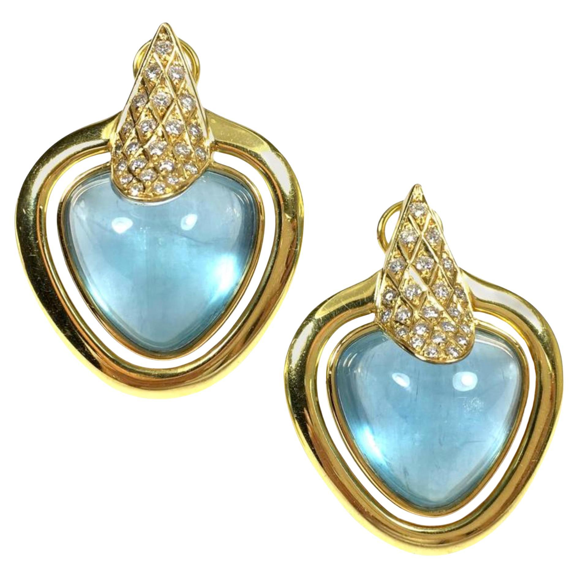 Vintage 18K Gold Large Aquamarine and Diamond Earrings For Sale