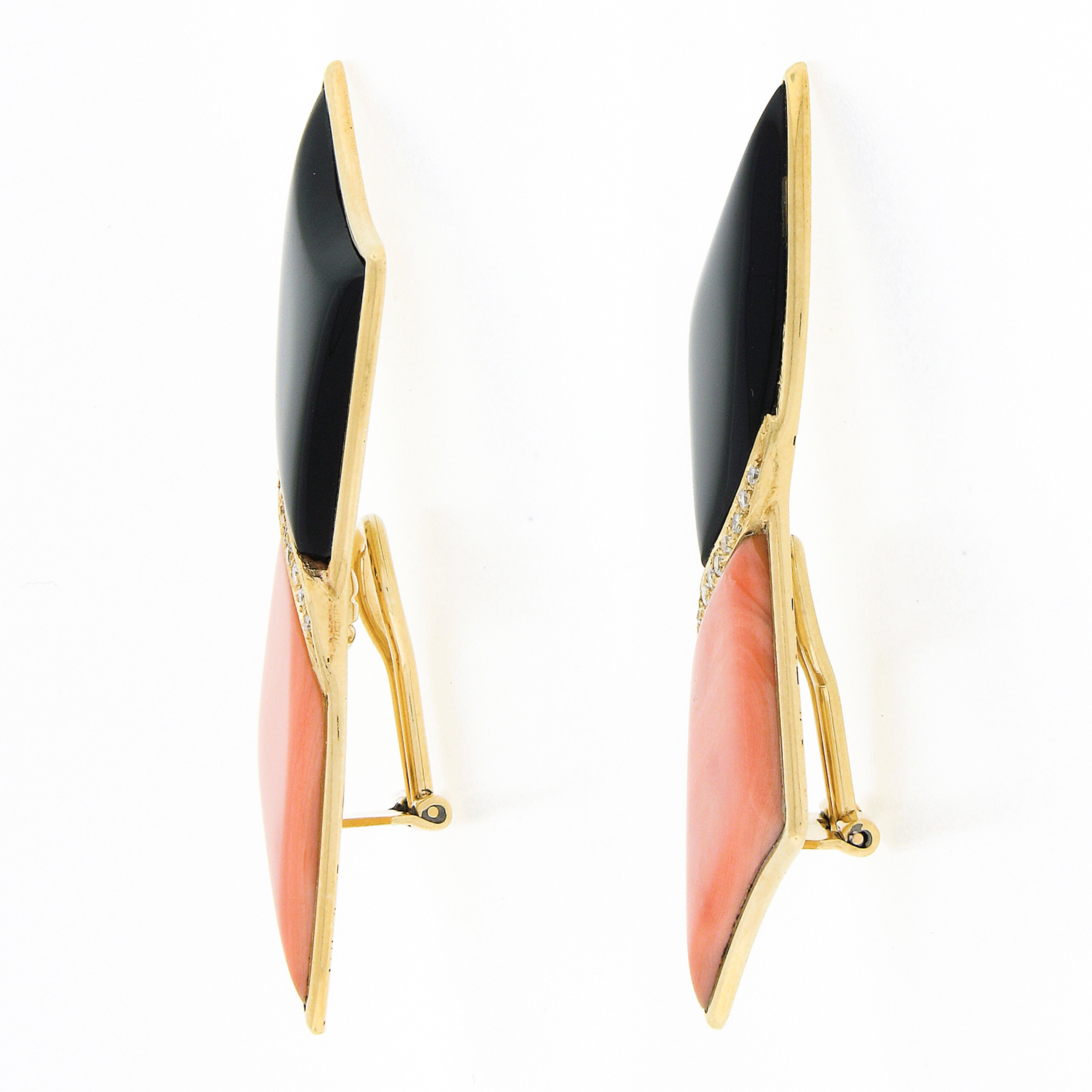 18 Karat Gold große schwarze Onyx & Koralle mit Diamant Schleifen-Klimmer-Ohrringe mit Schleife im Zustand „Gut“ im Angebot in Montclair, NJ