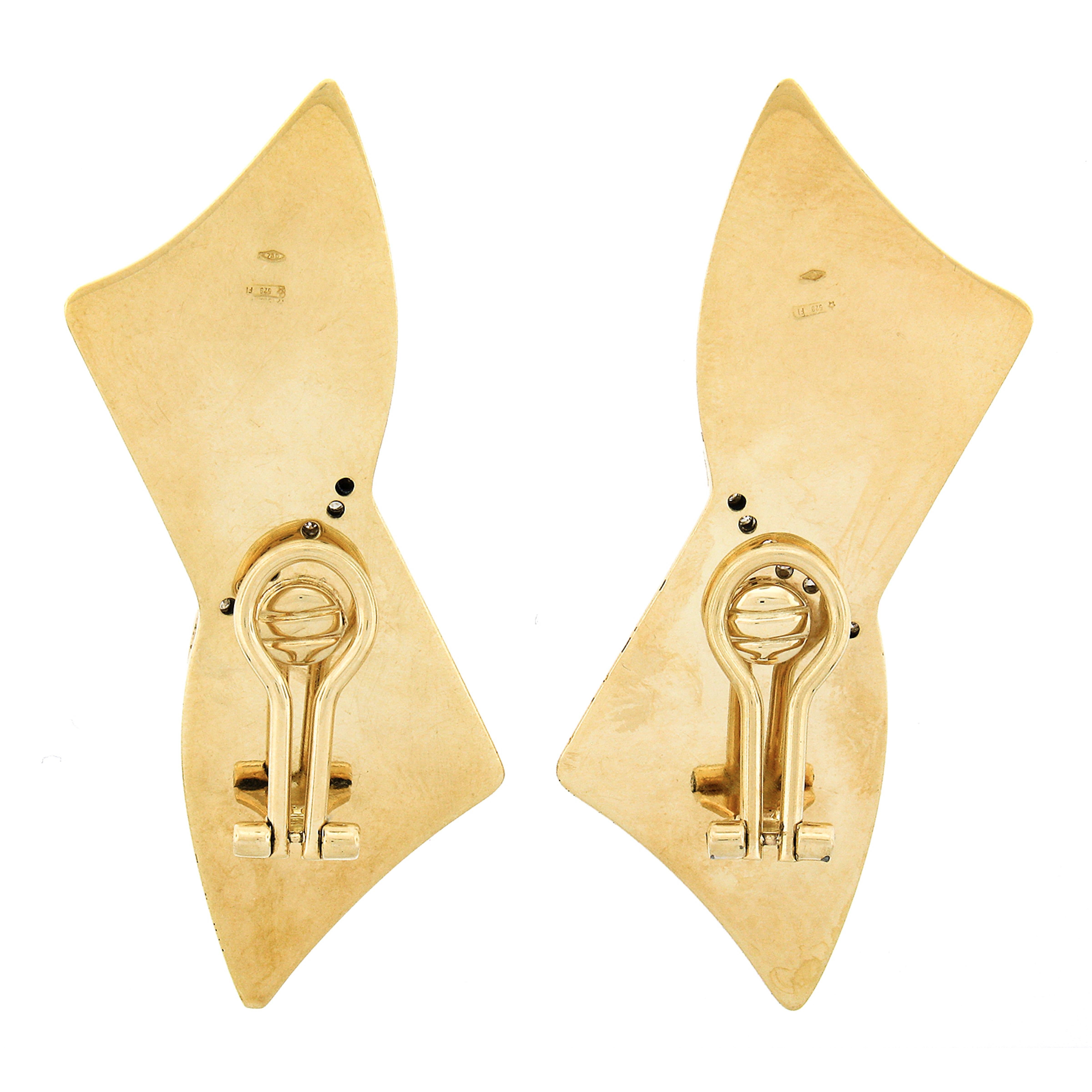 Women's Vintage 18k Gold Large Black Onyx & Coral w/ Diamond Ribbon Bow Climber Earrings For Sale