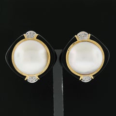 Vintage 18K Gold Large Mabe Pearl Diamond & Black Onyx Frame Button Earrings