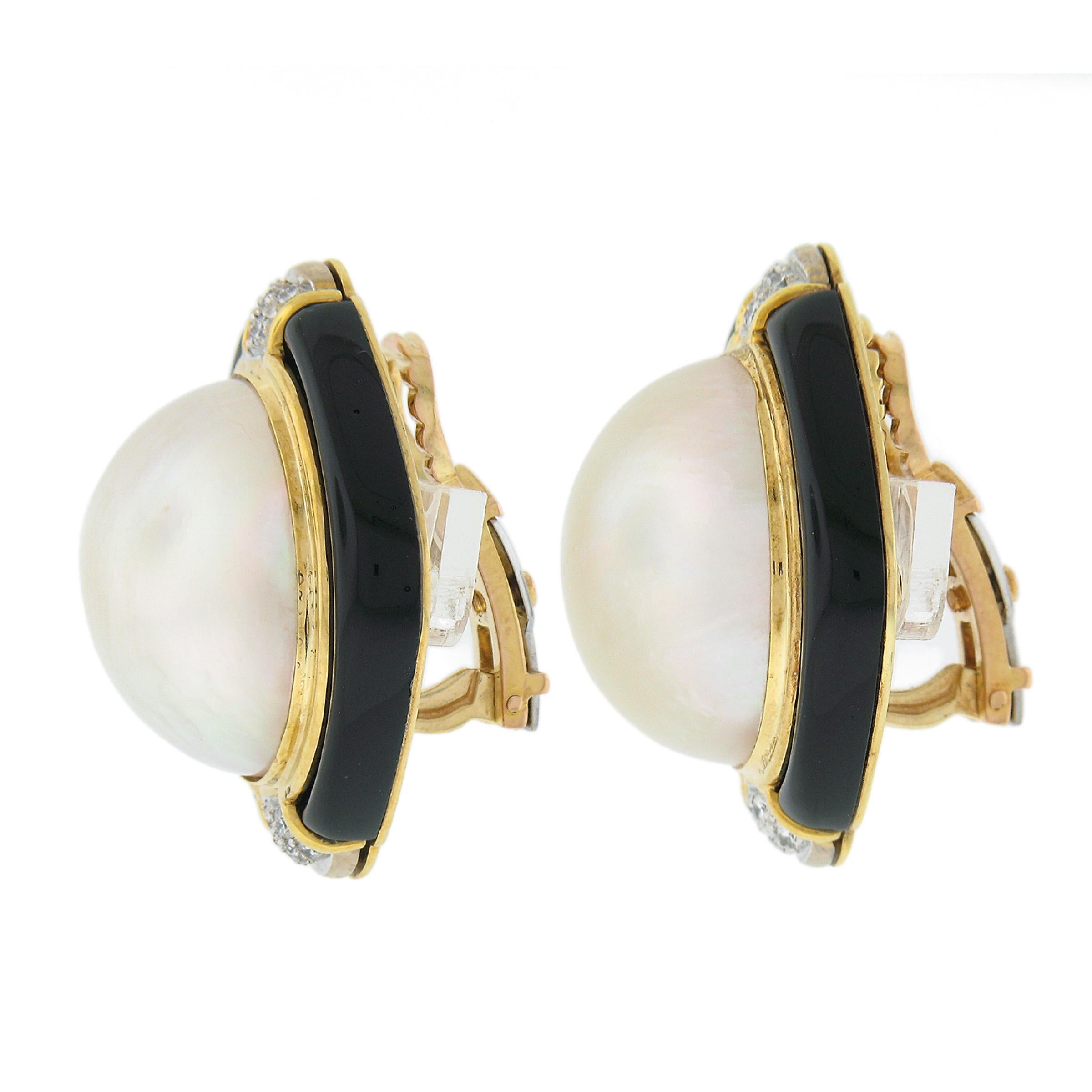 Round Cut Vintage 18K Gold Large Mabe Pearl Diamond & Black Onyx Frame Button Earrings For Sale