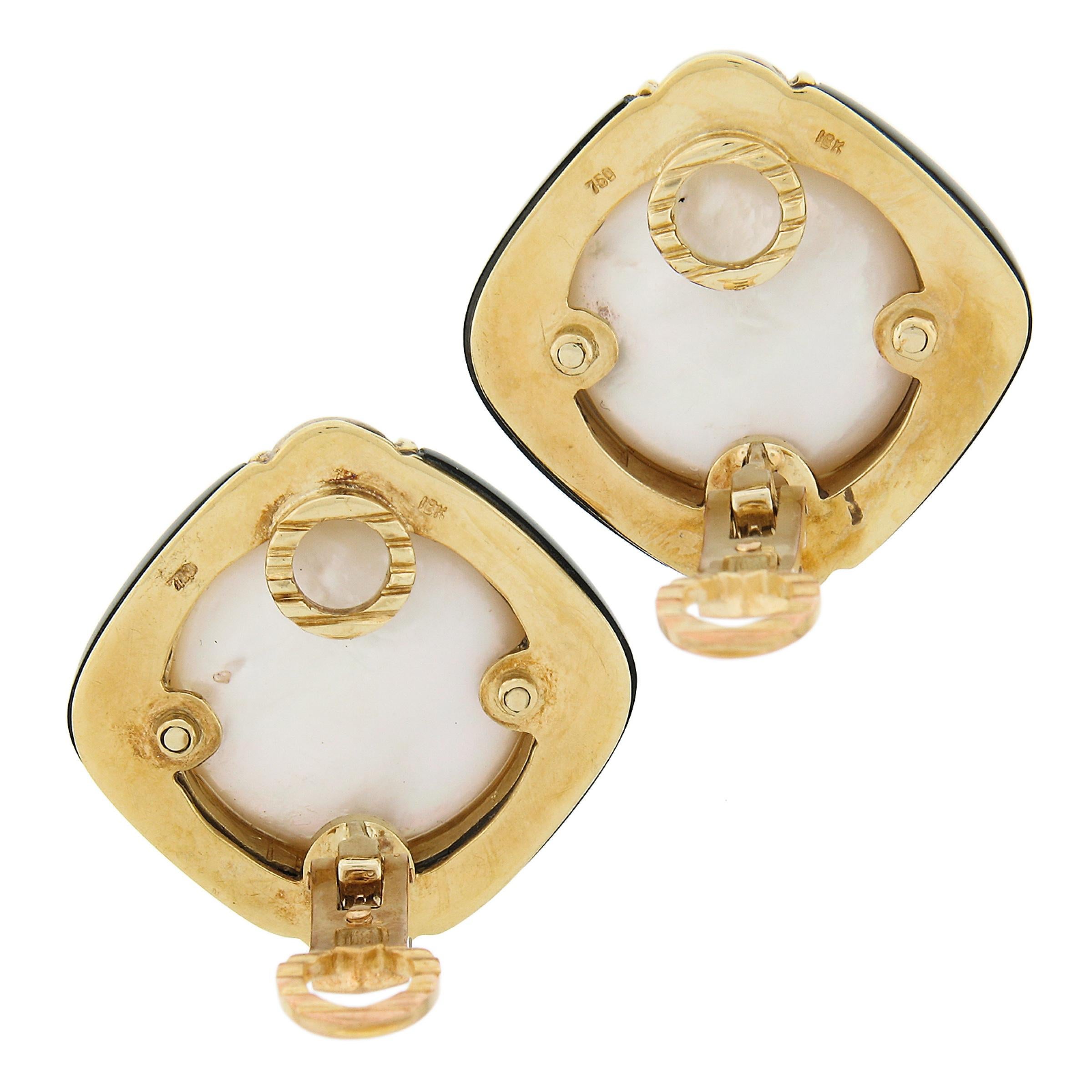 Women's Vintage 18K Gold Large Mabe Pearl Diamond & Black Onyx Frame Button Earrings For Sale