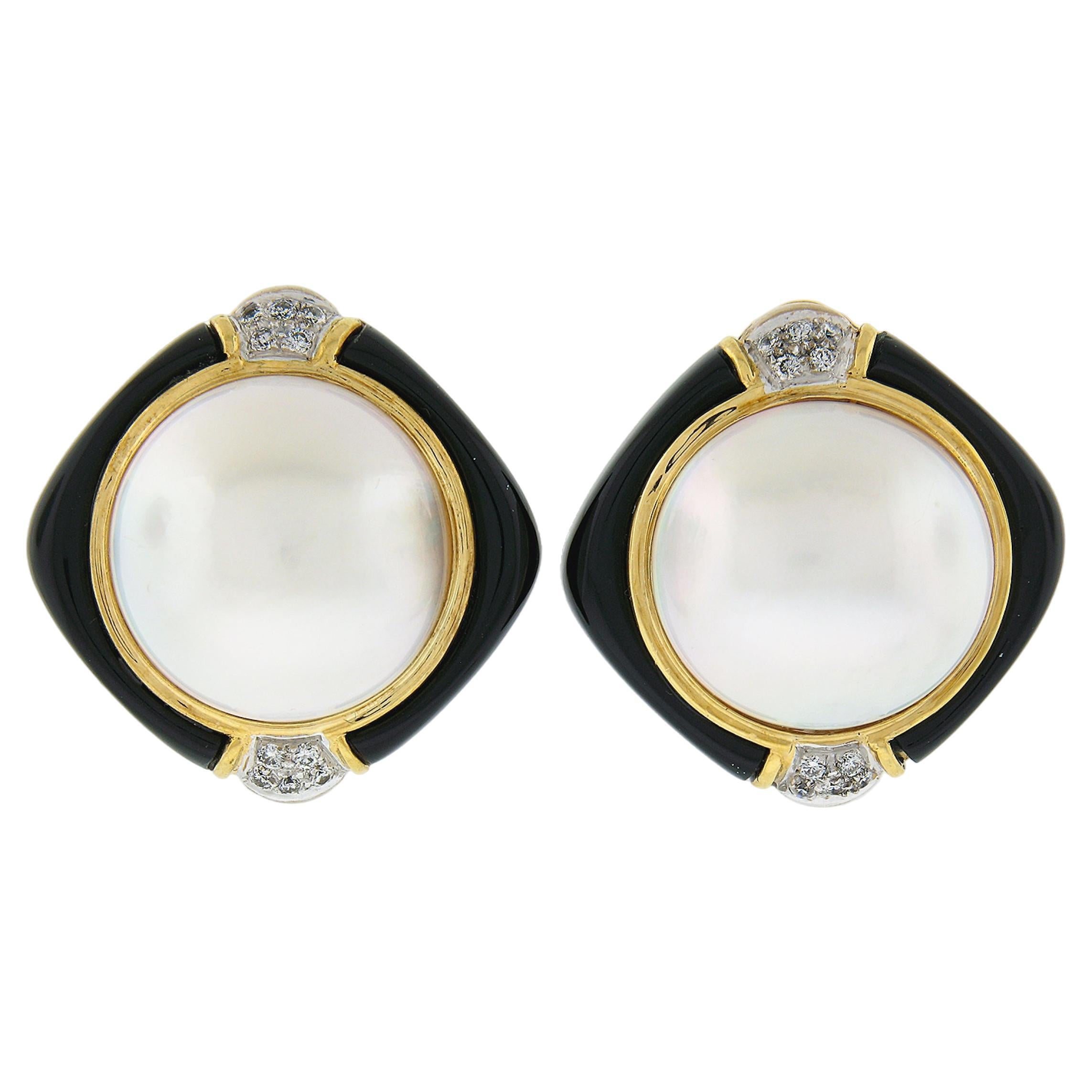 18 Karat Gold Große Mabe Perle Diamant & Schwarzer Onyx Rahmen Knopfleiste Ohrringe Vintage