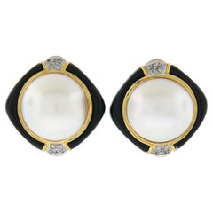 Vintage 18K Gold Large Mabe Pearl Diamond & Black Onyx Frame Button Earrings