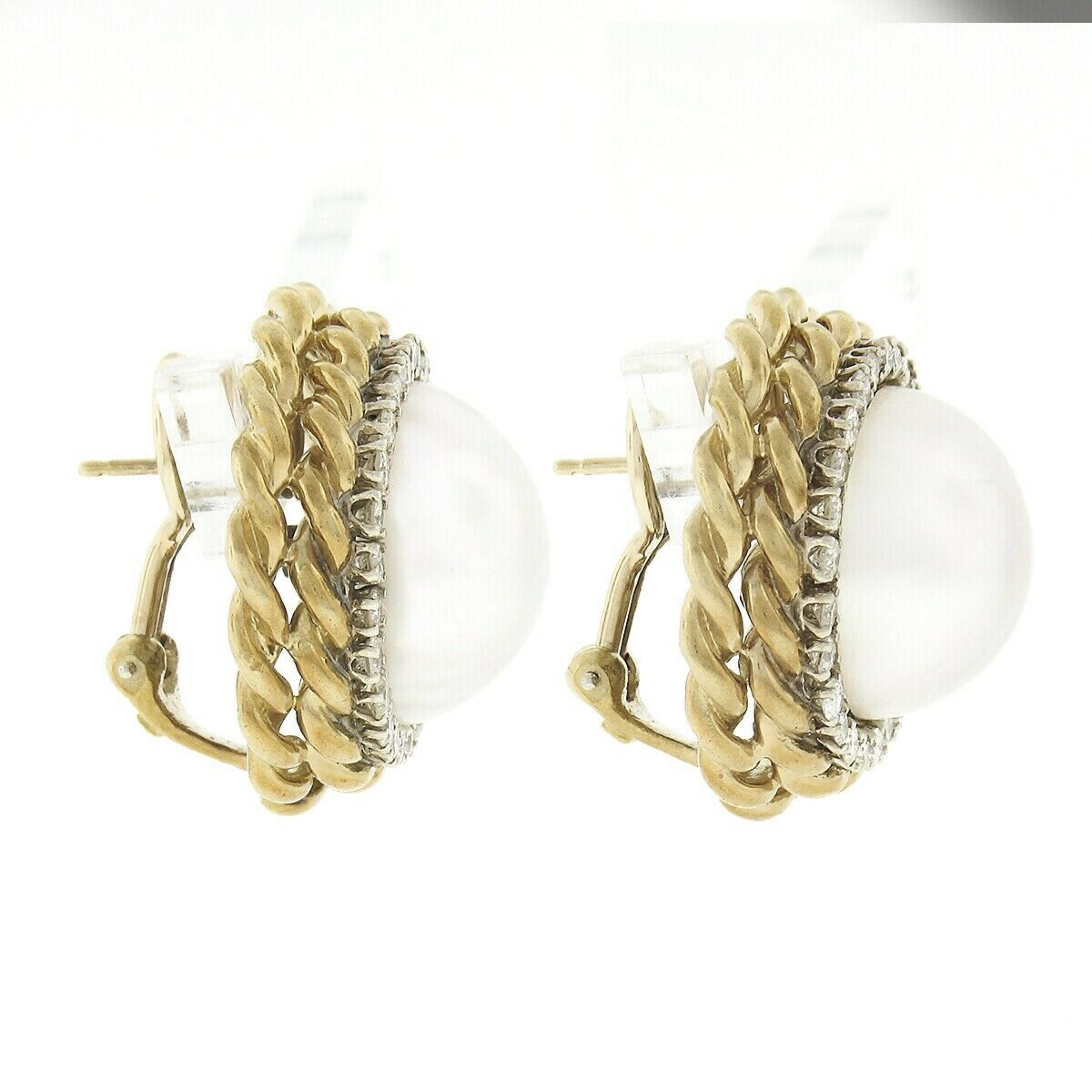 Vintage 18k Gold Large Mabe Pearl Diamond Halo Twisted Wire Work Button Earrings In Good Condition For Sale In Montclair, NJ