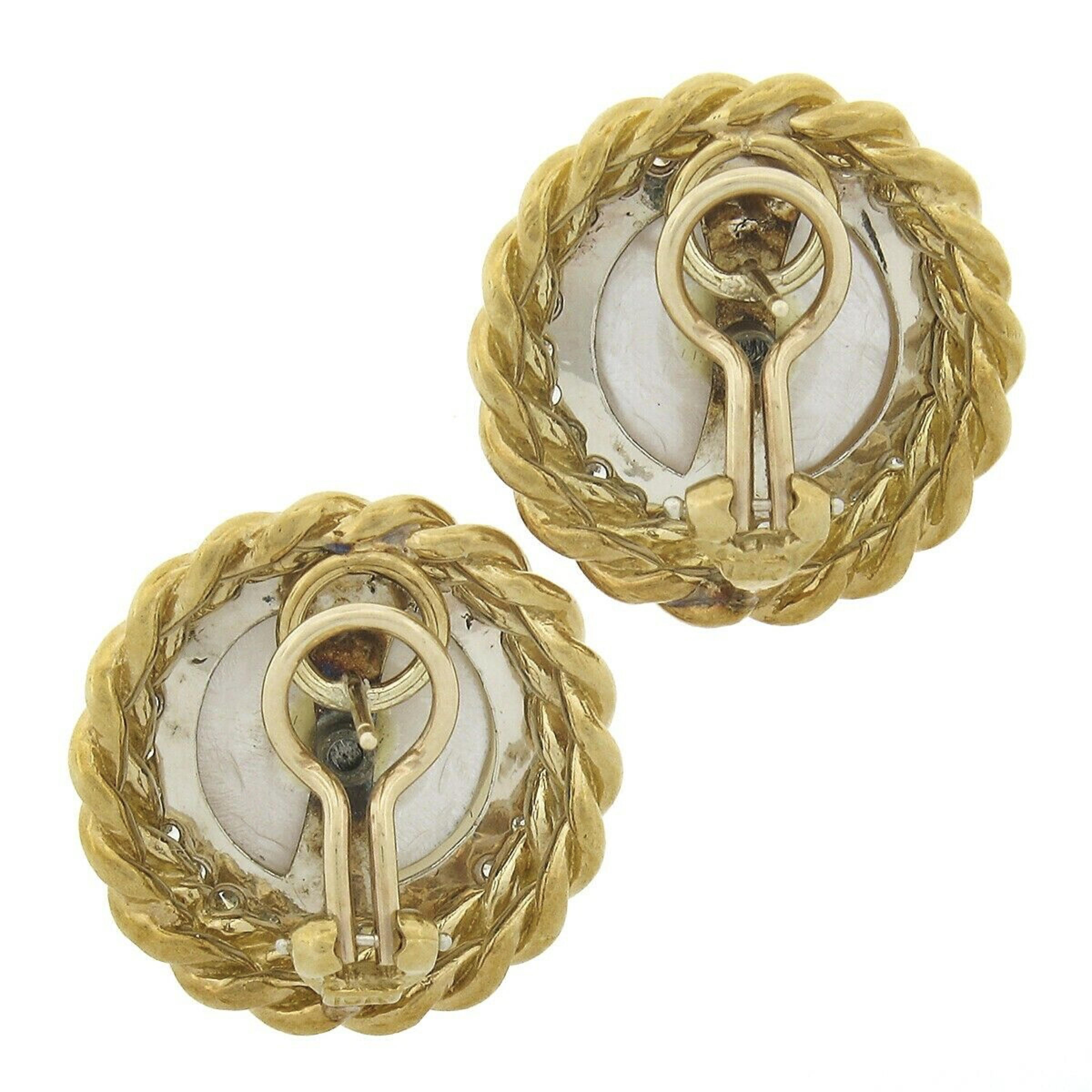 Women's Vintage 18k Gold Large Mabe Pearl Diamond Halo Twisted Wire Work Button Earrings For Sale