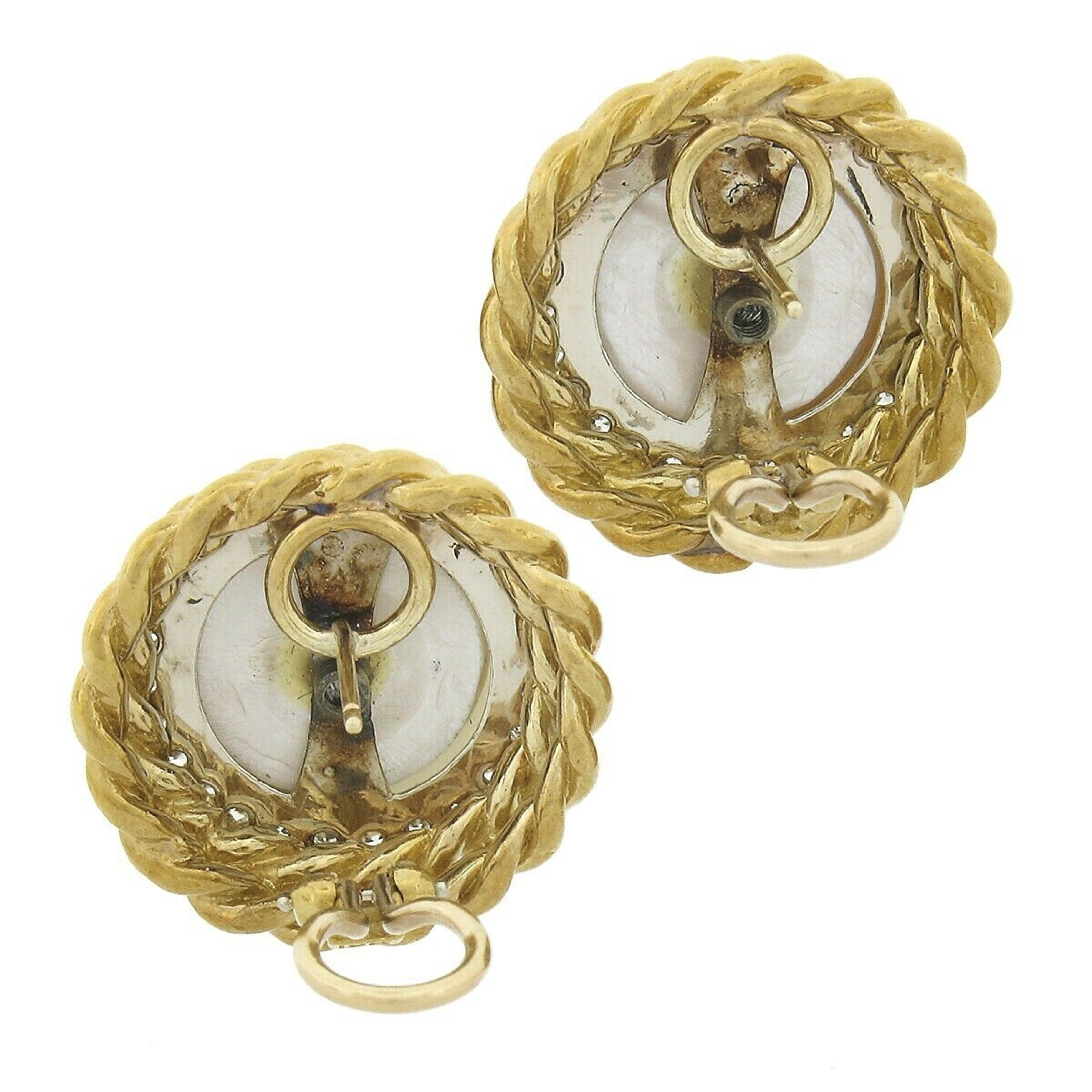 Vintage 18k Gold Large Mabe Pearl Diamond Halo Twisted Wire Work Button Earrings For Sale 1