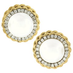 Retro 18k Gold Large Mabe Pearl Diamond Halo Twisted Wire Work Button Earrings